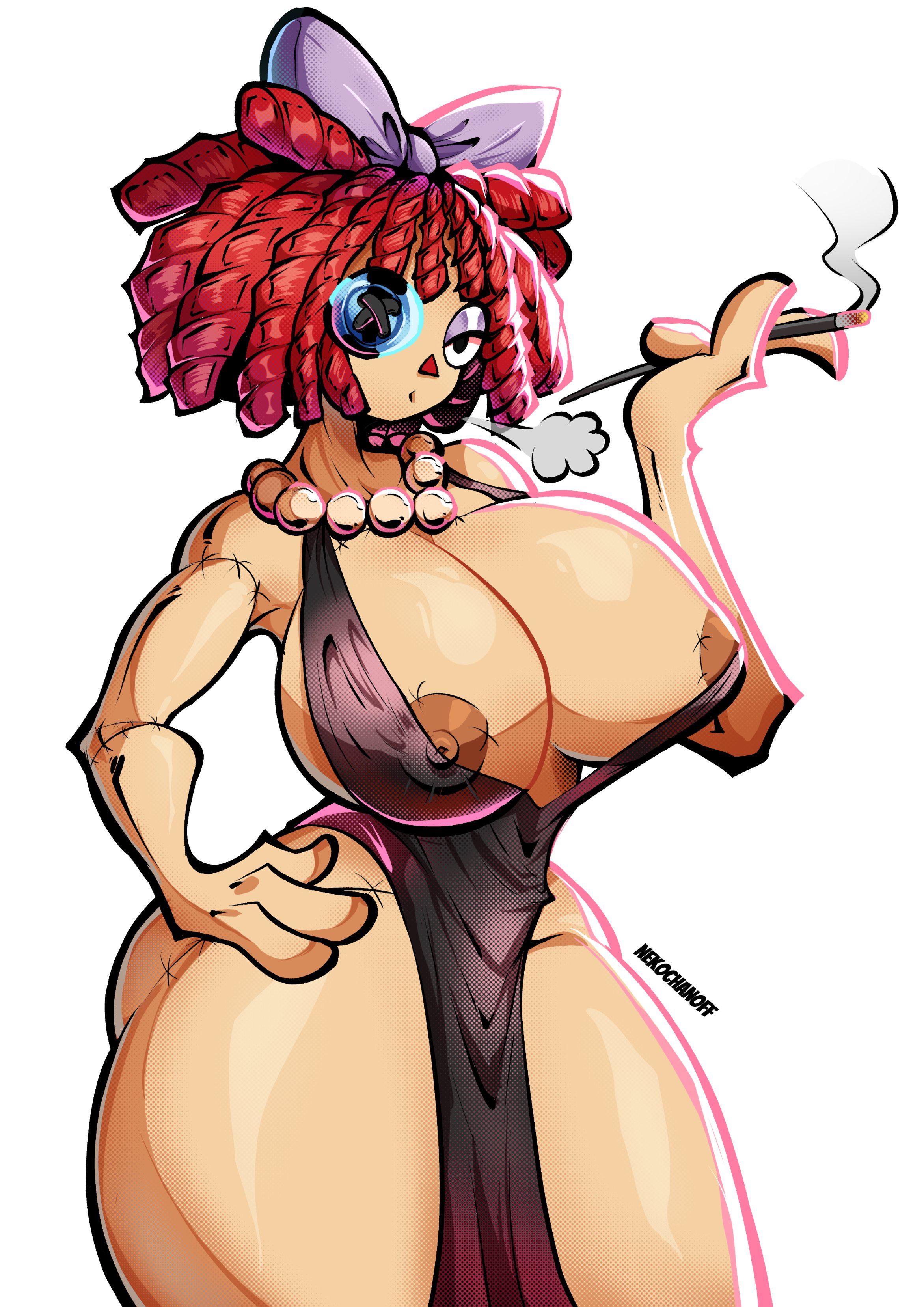 1 eye, 1girls, 2d, 2d (artwork), 2d artwork, big breasts, black dress, breasts, breasts bigger than head, cigarette, doll, doll girl, dress, female, female focus, female only, glitch productions, huge breasts, massive breasts, nekochanoff, nipple slip, ragatha (pub outfit), ragatha (the amazing digital circus), red hair, simple background, skimpy, skimpy clothes, solo, solo female, solo focus, text, the amazing digital circus, thick thighs, tits bigger than head, voluptuous, voluptuous female, watermark