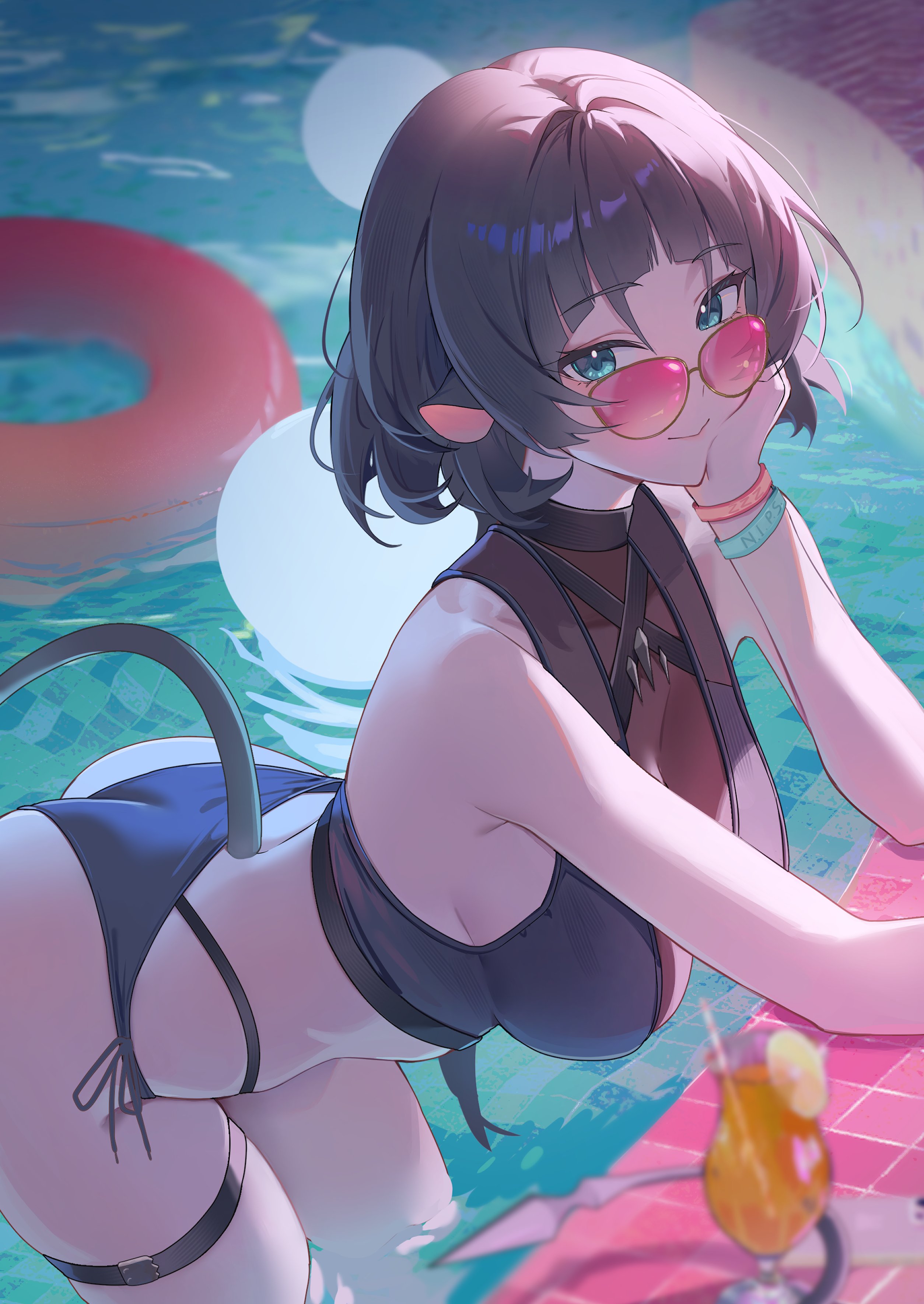 1girls, absurdres, animal ears, ass, belt, bent over, bikini, black belt, black bikini, black hair, blunt bangs, bracelets, breasts, chamaru5963, closed mouth, commentary, cup, drinking glass, elbow rest, female, female only, glasses, green eyes, grin, hand on own cheek, hand on own face, head rest, highleg, highleg bikini, highres, hurricane glass, innertube, jane doe (zenless zone zero), large breasts, layered bikini, looking at viewer, looking over eyewear, mouse ears, mouse girl, mouse tail, night, orange juice, pink-tinted eyewear, pool, poolside, sharp tail, side-tie bikini bottom, smile, solo, sunglasses, swim ring, swimsuit, tail, thigh belt, thigh strap, tinted eyewear, tropical drink, water, zenless zone zero