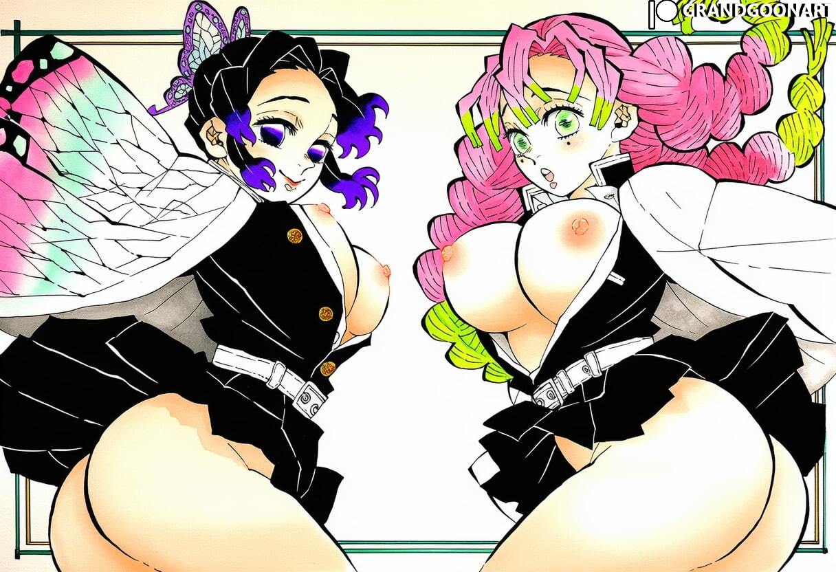 2girls, accurate art style, ai generated, big ass, breast focus, breasts, breasts out, clothing, demon slayer, female, female focus, female only, grandgoonart, kanroji mitsuri, kimetsu no yaiba, kochou shinobu, manga, manga cover, manga page, manga style, mitsuri kanroji, nipples, no panties, patreon, patreon username, shinobu kocho, shonen jump, undressing