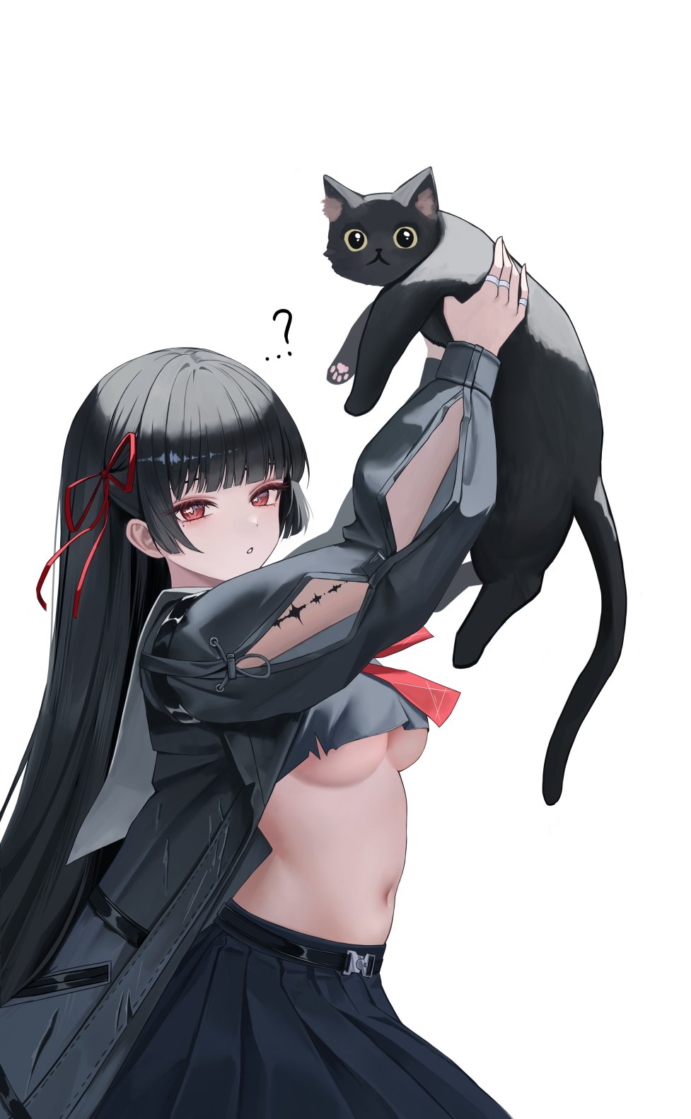 1girls, black hair, black school uniform, breasts, chisa (wuthering waves), exposed breasts, feline, long hair, red eyes, school uniform, schoolgirl, underboob, wuthering waves