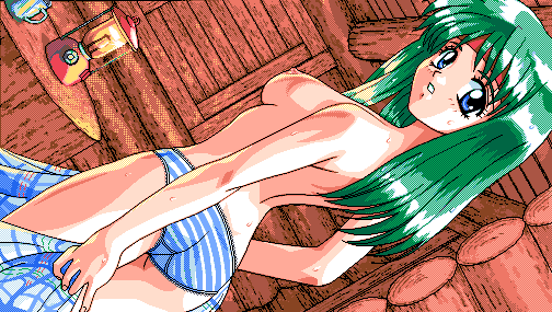 4bpp 90s alice_soft ass breasts cap game_cg green_hair hairband looking_at_viewer looking_back mutsumi_masato nipples nitou_misaki oldschool only_you_seikimatsu_no_juliette-tachi panties pc98