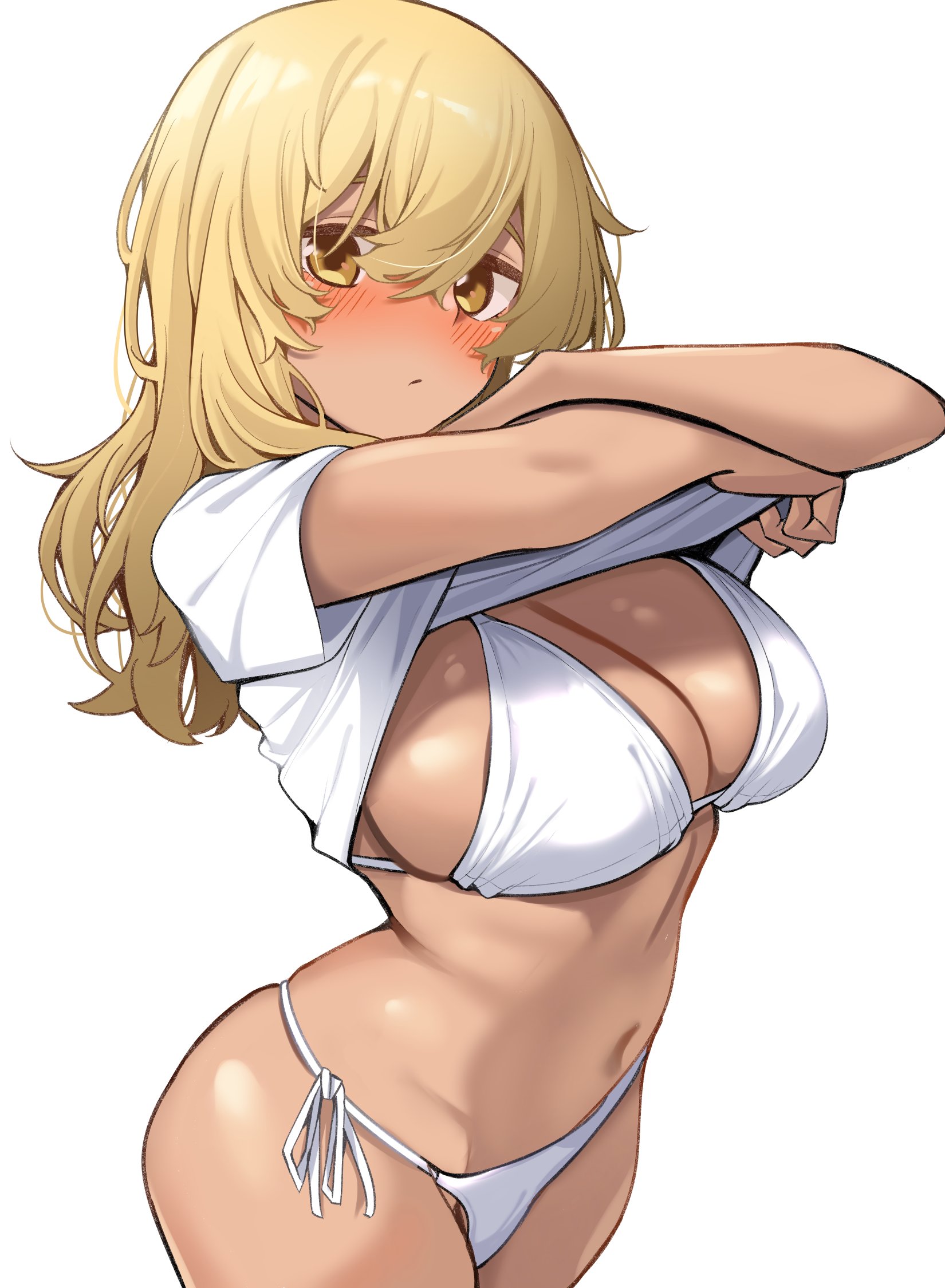 1girls, bare arms, bare belly, bare chest, bare hands, bare hips, bare legs, bare midriff, bare navel, bare skin, bare thighs, big breasts, bikini, bikini bottom, bikini top, blonde eyebrows, blonde female, blonde hair, blonde hair female, blonde-haired female, blush, blush face, blushing at viewer, blushing female, blushing lines, breasts, brown skin, brown skinned female, brown-skinned female, busty, busty female, busty girl, curvaceous, curvaceous body, curvaceous female, curvaceous figure, curvaceous hips, curvaceous thighs, curvy, curvy body, curvy female, curvy figure, curvy hips, curvy thighs, embarrassed, embarrassed exposed female, embarrassed expression, embarrassed female, exposed arms, exposed belly, exposed chest, exposed hips, exposed legs, exposed midriff, exposed navel, exposed skin, exposed thighs, female, female only, gogoborunga, head tilt, higa kana, hourglass figure, large boobs, large breasts, lean figure, narrow waist, okinawa de suki ni natta ko ga hougen sugite tsurasugiru, plump breasts, side-tie bikini, slender body, slender waist, slim waist, string bikini, swimsuit, swimwear, tilted head, white background, white bikini, white bikini bottom, white bikini top, white string bikini, white swimsuit, white swimwear, wide hips, yellow eyebrows, yellow eyes, yellow hair, yellow-eyed female, yellow-haired female