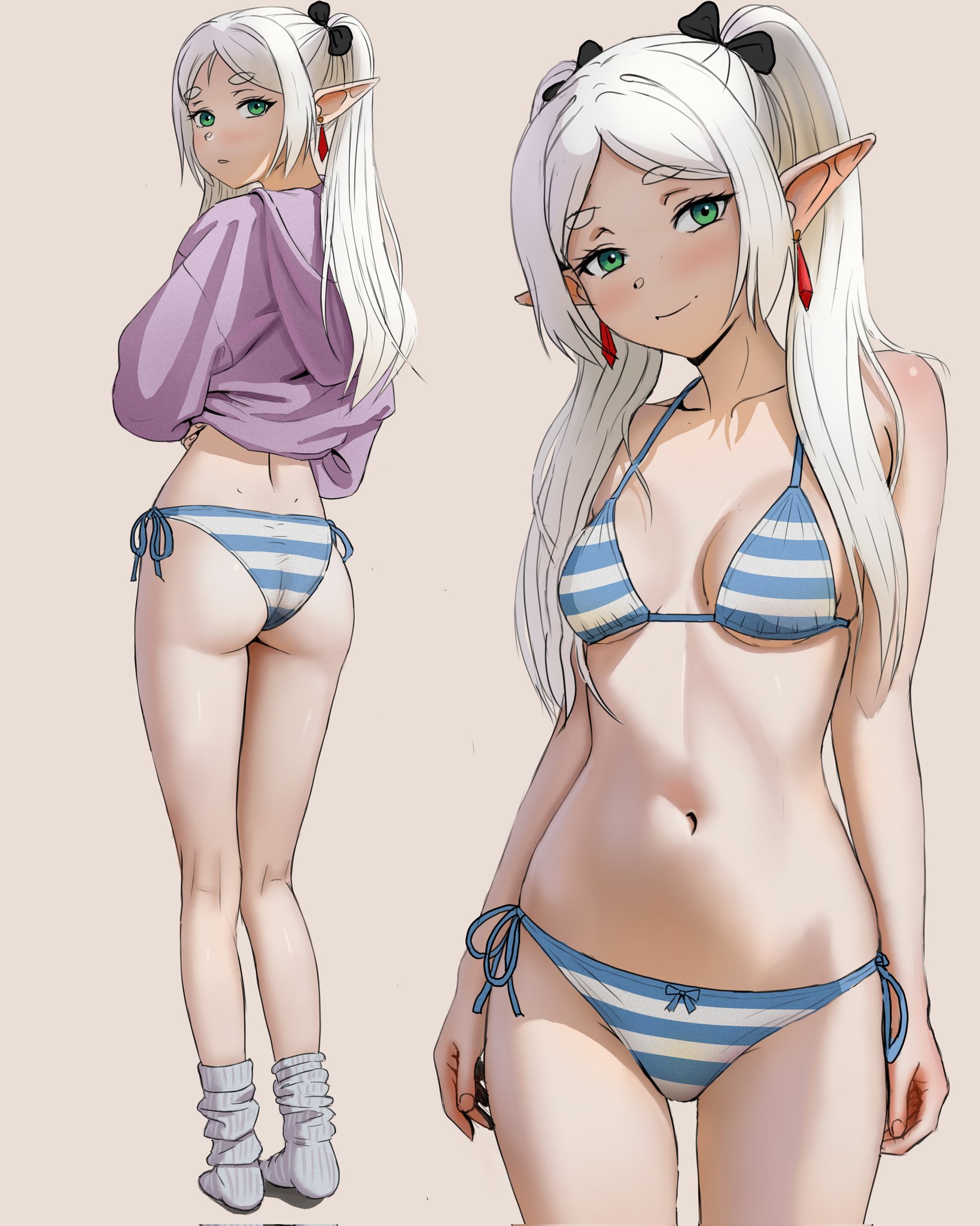 1girls, ass, bikini, black bow, blue bikini, blush, bow, breasts, closed mouth, collarbone, commentary, cowboy shot, earrings, elf, elf ears, elf female, english commentary, female, female only, frieren, from behind, full body, gradient background, green eyes, green eyes female, green-eyed female, grey background, hairbow, halterneck, highres, hood, hoodie, jewelry, josivalart, long hair, long sleeves, looking at viewer, looking back, loose socks, medium breasts, multiple views, navel, no shoes, parted bangs, pointy ears, purple hoodie, side-tie bikini bottom, silver hair, silver hair female, silver-haired female, small breasts, smile, socks, sole female, sousou no frieren, standing, string bikini, striped bra, striped panties, striped underwear, swimsuit, twintails, white bikini, white hair