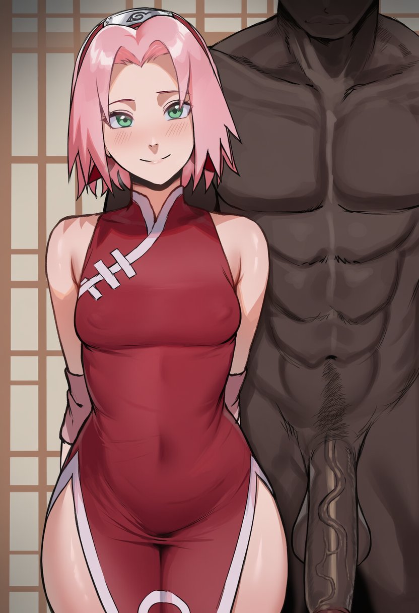 ai generated, before sex, blush, dark-skinned male, dress, large penis, muscular, muscular male, naruto (series), netorare, nipple bulge, sakura haruno, small breasts, smile, testicles, tight clothing
