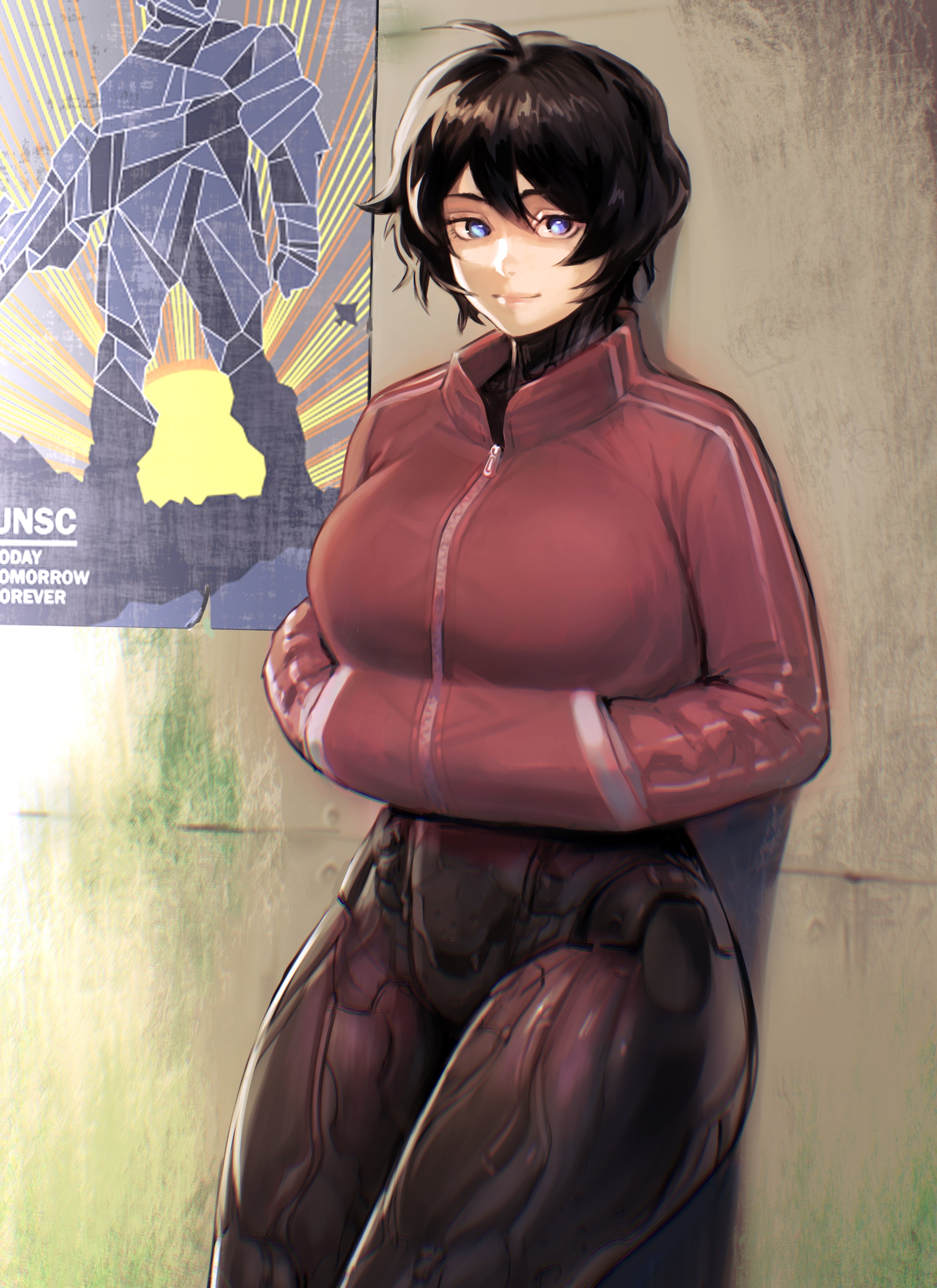 1girls, absurd res, absurdres, athletic, athletic female, big breasts, black hair, blue eyes, breasts, curvaceous, curvy, curvy body, curvy female, curvy figure, curvy hips, female, female focus, female only, female spartan (halo), halo (series), hi res, high resolution, highres, hips, invertoalbedo, jacket, large breasts, looking at viewer, madison-a390, pale skin, pale skinned female, poster, short hair, skintight, spartan (halo), techsuit, thick thighs, thighs, toned, toned female, unsc, wall, wide hips