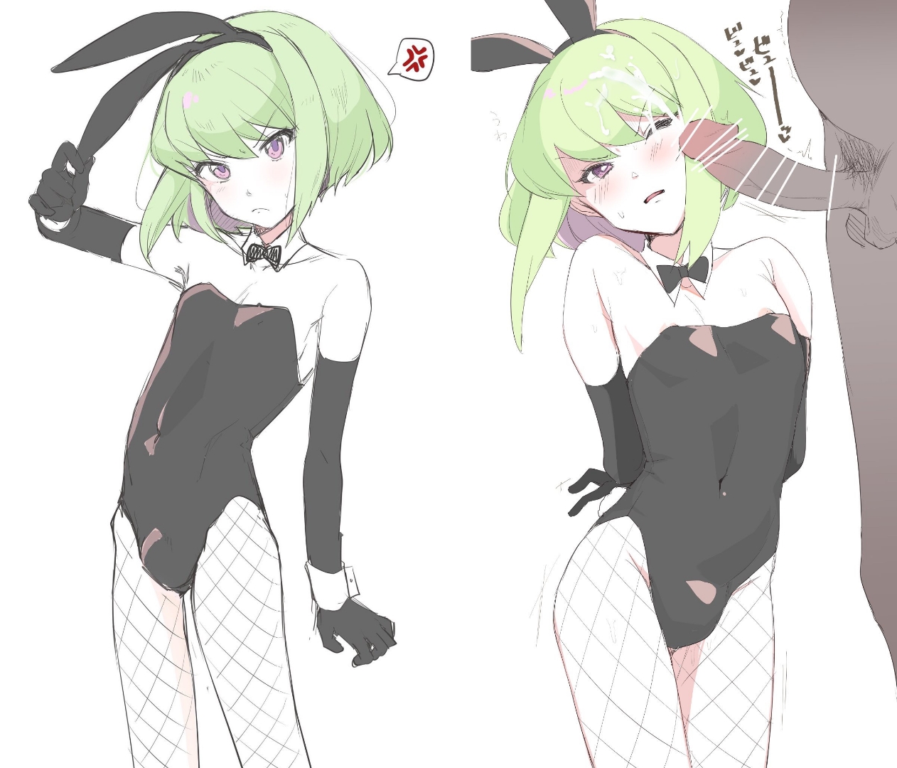 2boys, annoyed, annoyed expression, blush, blushing, bulge, bulge through clothing, bunny ears, bunny tail, bunnysuit, crossdressing, cum, cum on face, embarrassed, femboy focus, fishnets, gay, gay sex, lio fotia, partially colored, petite, petite body, petite male, playboy bunny, promare, size difference, slim, slim male, slim waist, solo focus, tsundere