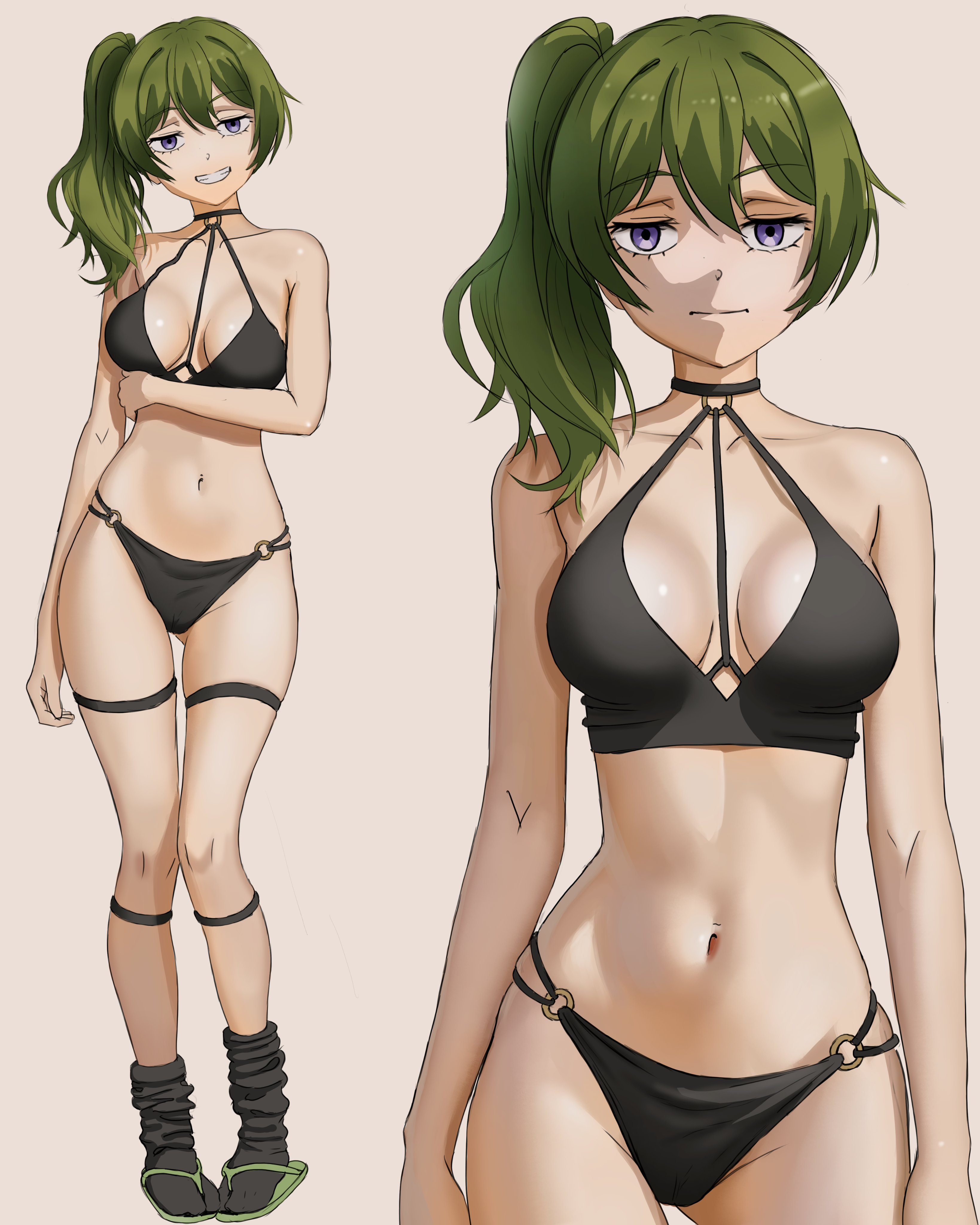 1girls, absurdres, adapted costume, ankle strap, arm under breasts, ass visible through thighs, bikini, black bikini, black socks, breasts, breasts apart, clenched teeth, collarbone, commentary, cowboy shot, english commentary, female, full body, gradient background, green hair, grey background, halterneck, highres, josivalart, looking at viewer, loose socks, medium breasts, medium hair, multi-strapped bikini bottom, multiple views, o-ring, o-ring bikini, purple eyes, sandals, side ponytail, socks, sousou no frieren, standing, swimsuit, teeth, thigh strap, ubel (sousou no frieren)