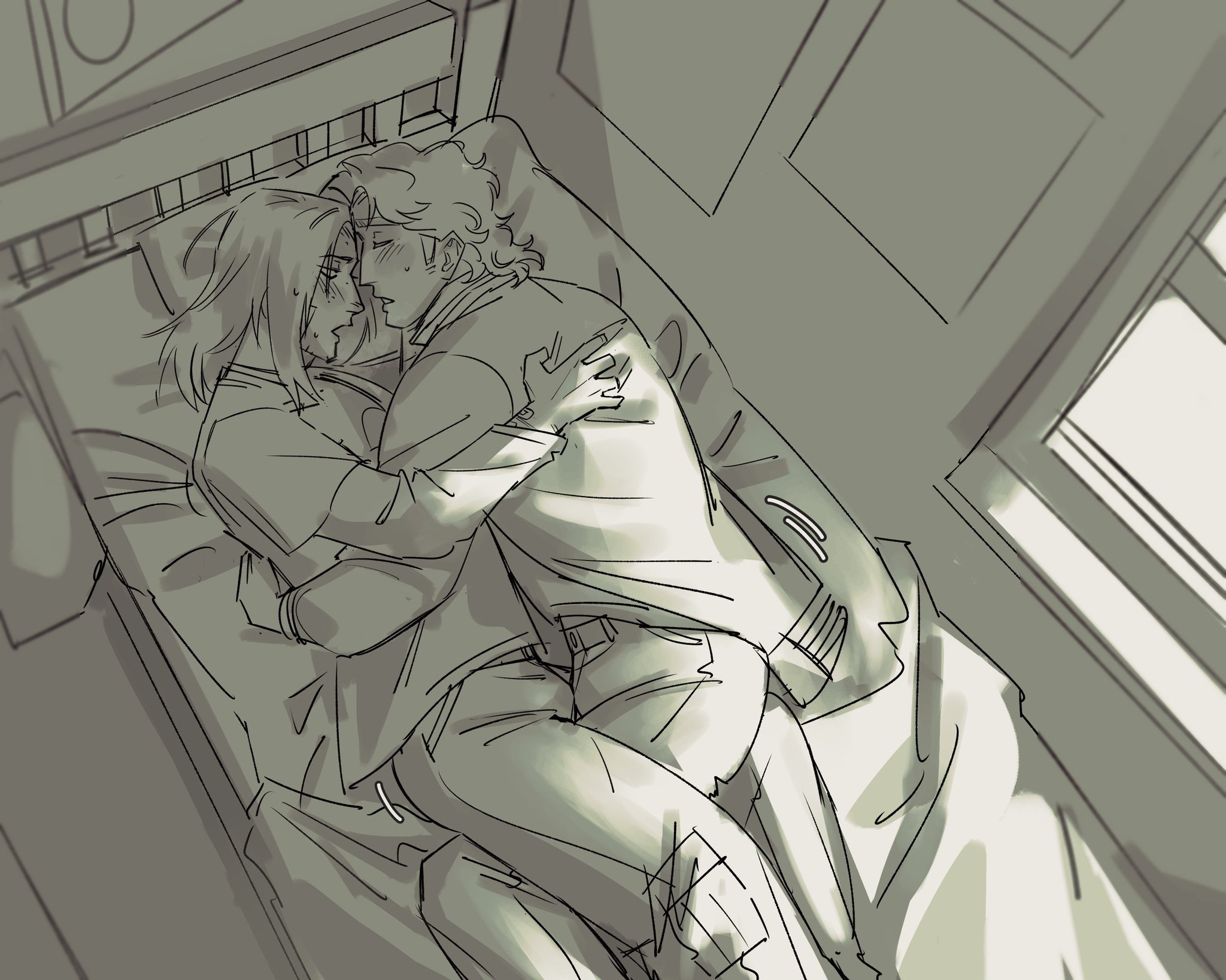 2boys, arched back, arm wrapped around body, bandaid, bandaid on arm, blush, boner, bulge, bulge under clothes, bulges touching, clean shaven, closed eyes, clothed, curly (mouthwashing), dry humping, eyelashes, eyes lidded, eyes open, gay, hi res, holding onto partner, humping, implied virgin, interlocked legs, jimmy (mouthwashing), legs intertwined, lidded eyes, long hair, looking at partner, male only, monochrome, mouthwashing, mullet, no visible genitalia, on bed, open mouth, self harm scars, sweat, wavy hair, yaoi, zzoupz