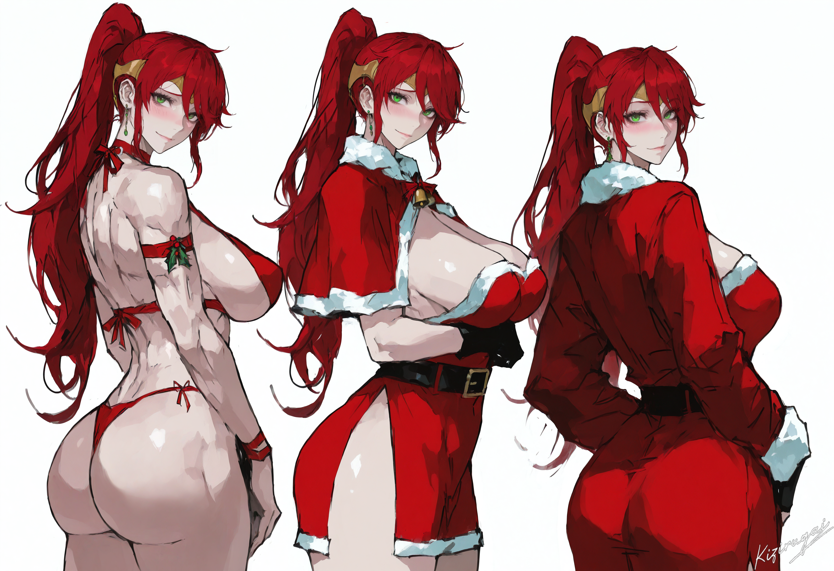 1girls, ai generated, ass, ass focus, big ass, big breasts, bikini, blush, breasts, christmas, christmas clothing, christmas outfit, female, female only, green eyes, kizirugai, light-skinned female, multiple outfits, ponytail, pyrrha nikos, red bikini, red bra, red hair, red panties, redhead, redhead female, rwby, solo, solo female, tagme