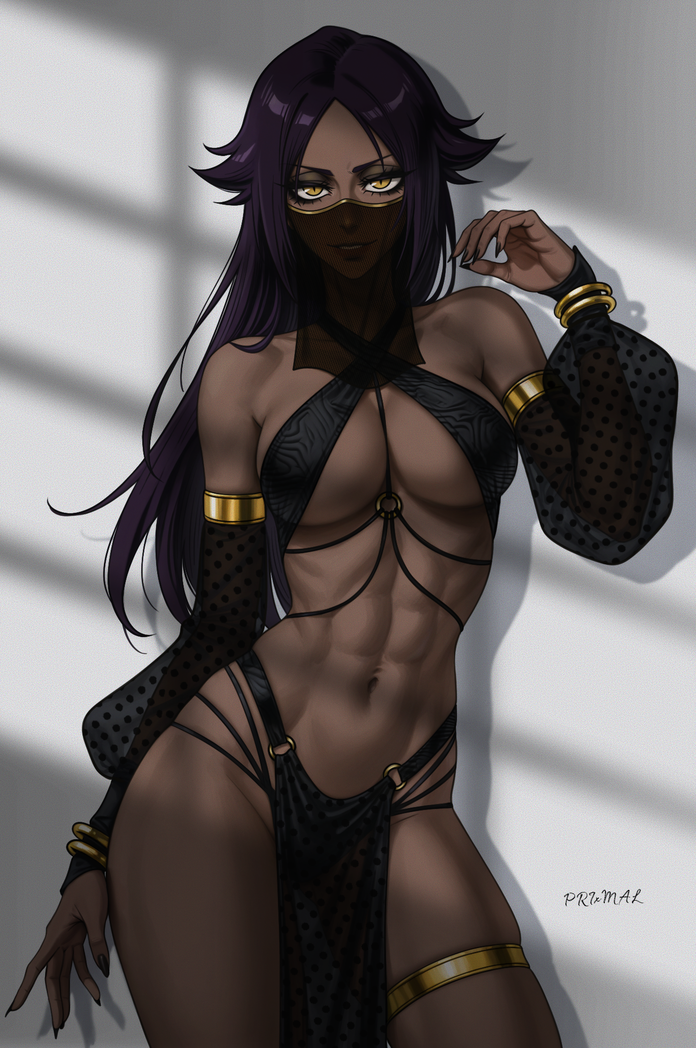 1girls, abs, belly button, black nails, bleach, bleach: the thousand-year blood war, breasts, brown skin, cat eyes, detached sleeves, eyeshadow, face mask, female, female focus, female only, female torso, gold jewelry, harem outfit, high waisted thong, highres, hot, jewelry, long eyelashes, long hair, middle eastern clothing, panties, pattern clothing, png, prixmal, purple hair, see through, sexy, shihouin yoruichi, skirt, smile, thick thighs, thigh strap, thighs, veil, yellow eyes, yoruichi shihouin