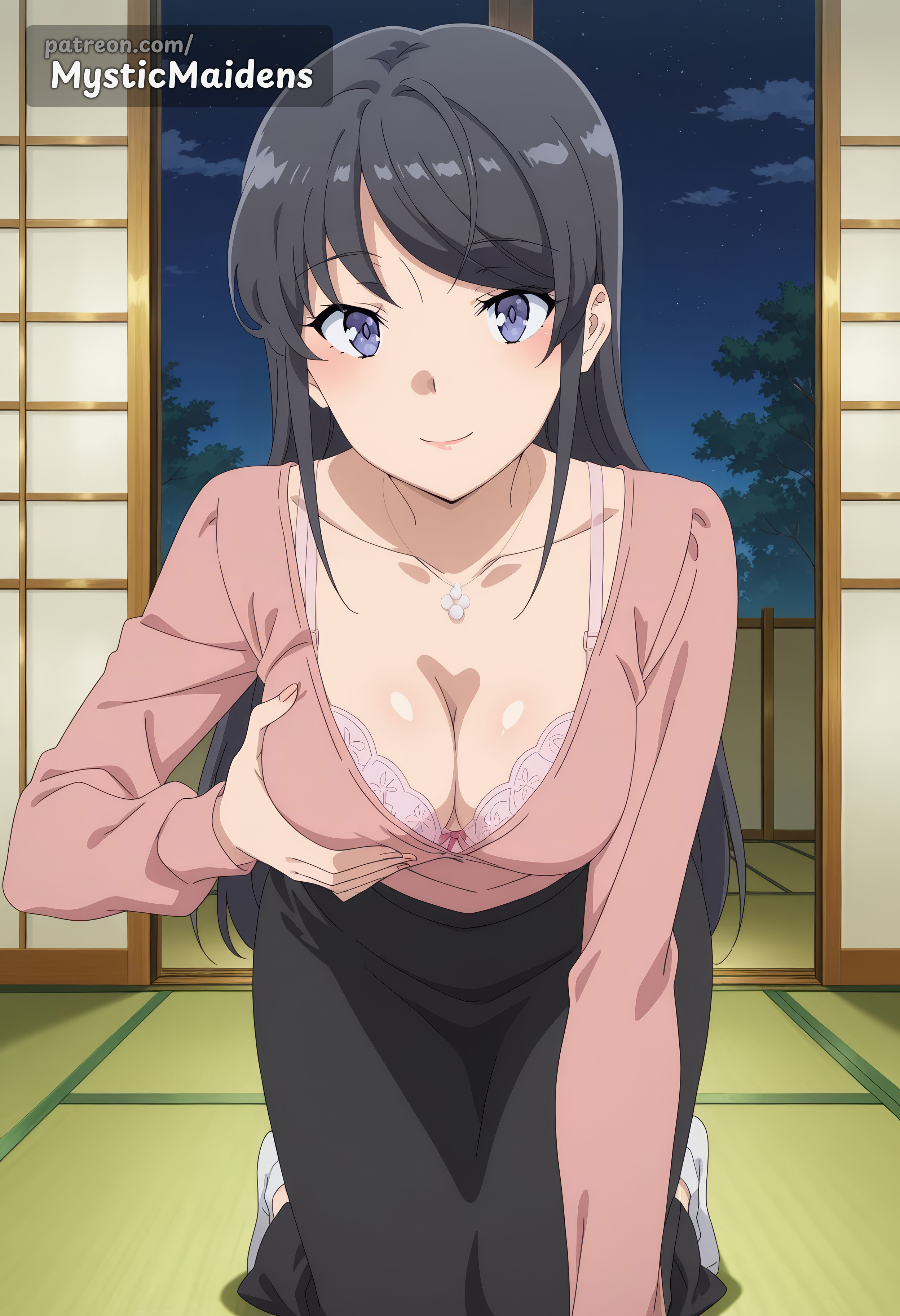 ai generated, anime, anime style, black hair, black skirt, bra, breasts, cleavage, closed mouth, collarbone, female, grabbing own breast, hentai, hi res, indoors, jewelry, kneeling, large breasts, long hair, long skirt, long sleeves, looking at viewer, medium breasts, mystic maidens, necklace, night, patreon, patreon username, pink bra, pink shirt, purple eyes, sakurajima mai, seishun buta yarou wa bunny girl senpai no yume wo minai, shirt, skirt, sky, sliding doors, smile, socks, solo, tatami, underwear, white socks