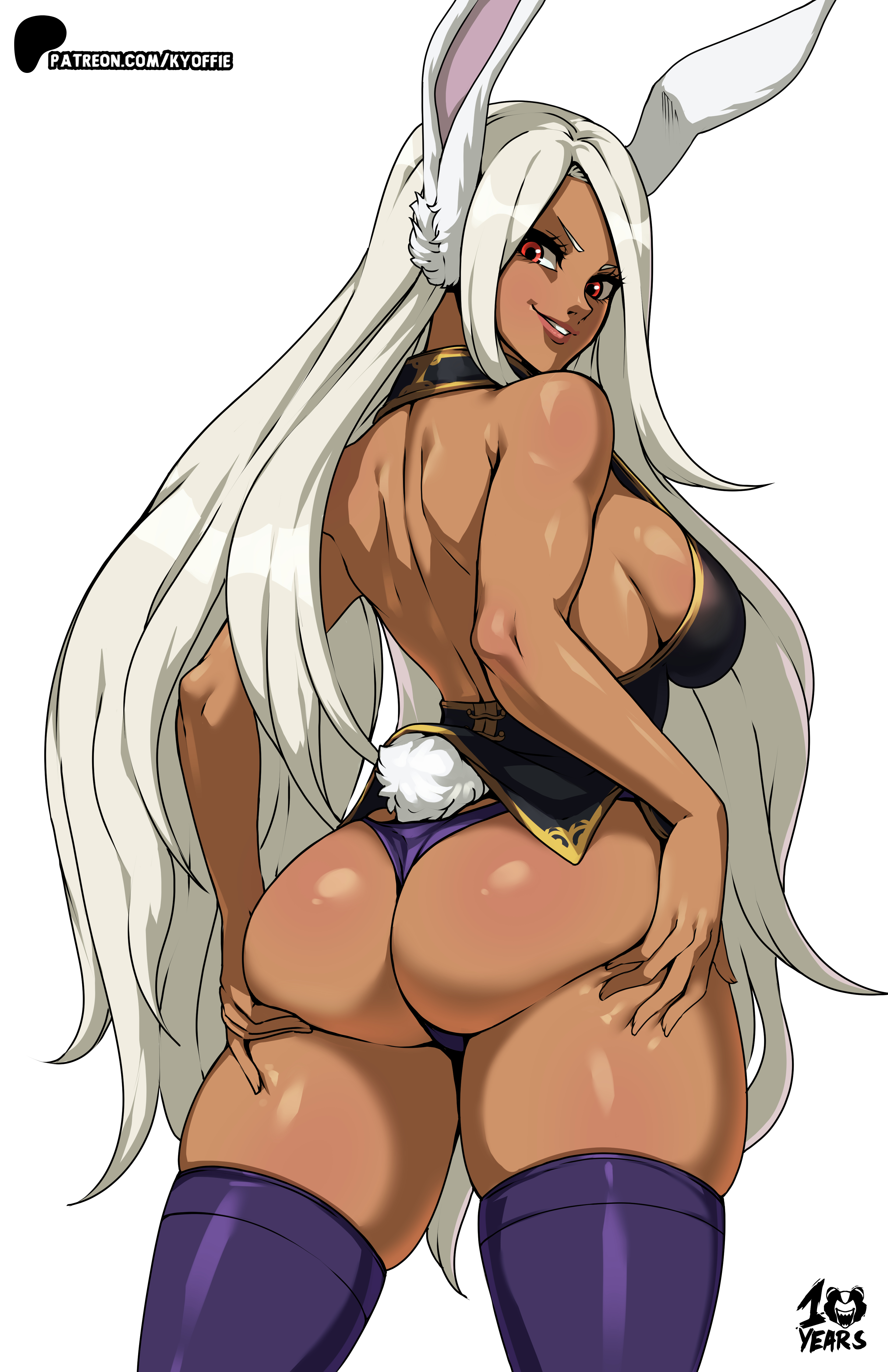 1girls, absurdres, animal ears, artist logo, ass, ass focus, ass support, back, backless shirt, bare arms, bare back, bare shoulders, big ass, big breasts, black shirt, boku no hero academia, breasts, dark skin, dark-skinned female, english commentary, female, female only, from behind, hands on own ass, highres, kyoffie, large breasts, logo, long hair, looking at viewer, looking back, median furrow, mirko, miruko, my hero academia, panties, parted bangs, parted lips, patreon username, purple panties, purple thighhighs, rabbit ears, rabbit girl, rabbit tail, red eyes, rumi usagiyama, shirt, short tail, sideboob, skindentation, sleeveless, sleeveless shirt, smile, solo, tail, tail through clothes, thick thighs, thighhighs, thighs, toned, toned female, underwear, usagiyama rumi, very long hair, wedgie, white background, white hair