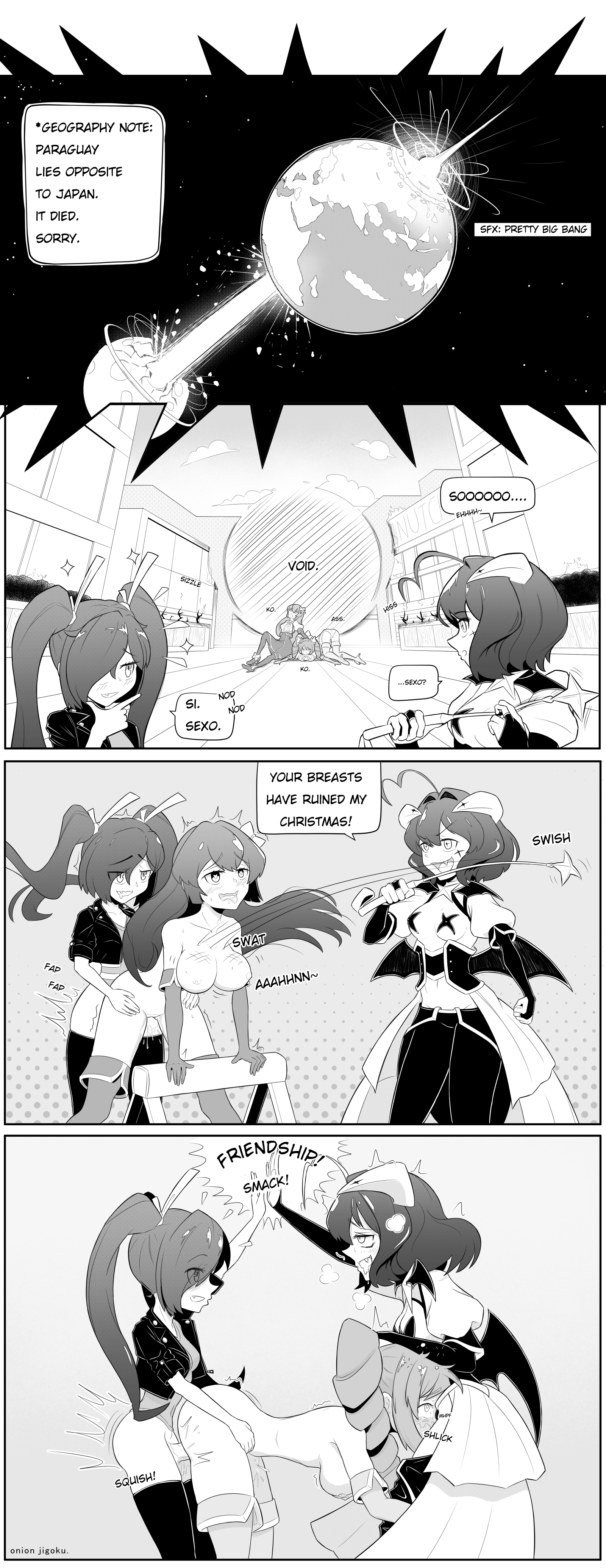 1futa, 4girls, ass, blush, bondage, character death, combat, defeated, eiffel tower position, explosion, funny, futa on female, futadom, futanari, hanabishi haruka, hiiragi utena, lyrical nanoha, magia azul, magia baiser, magia magenta, mahou shoujo ni akogarete, manga page, minakami sayo, onion jigoku, paraguay, planetary destruction, raising heart, tenkawa kaoruko, threesome, wasp girl (onion jigoku), whip marks