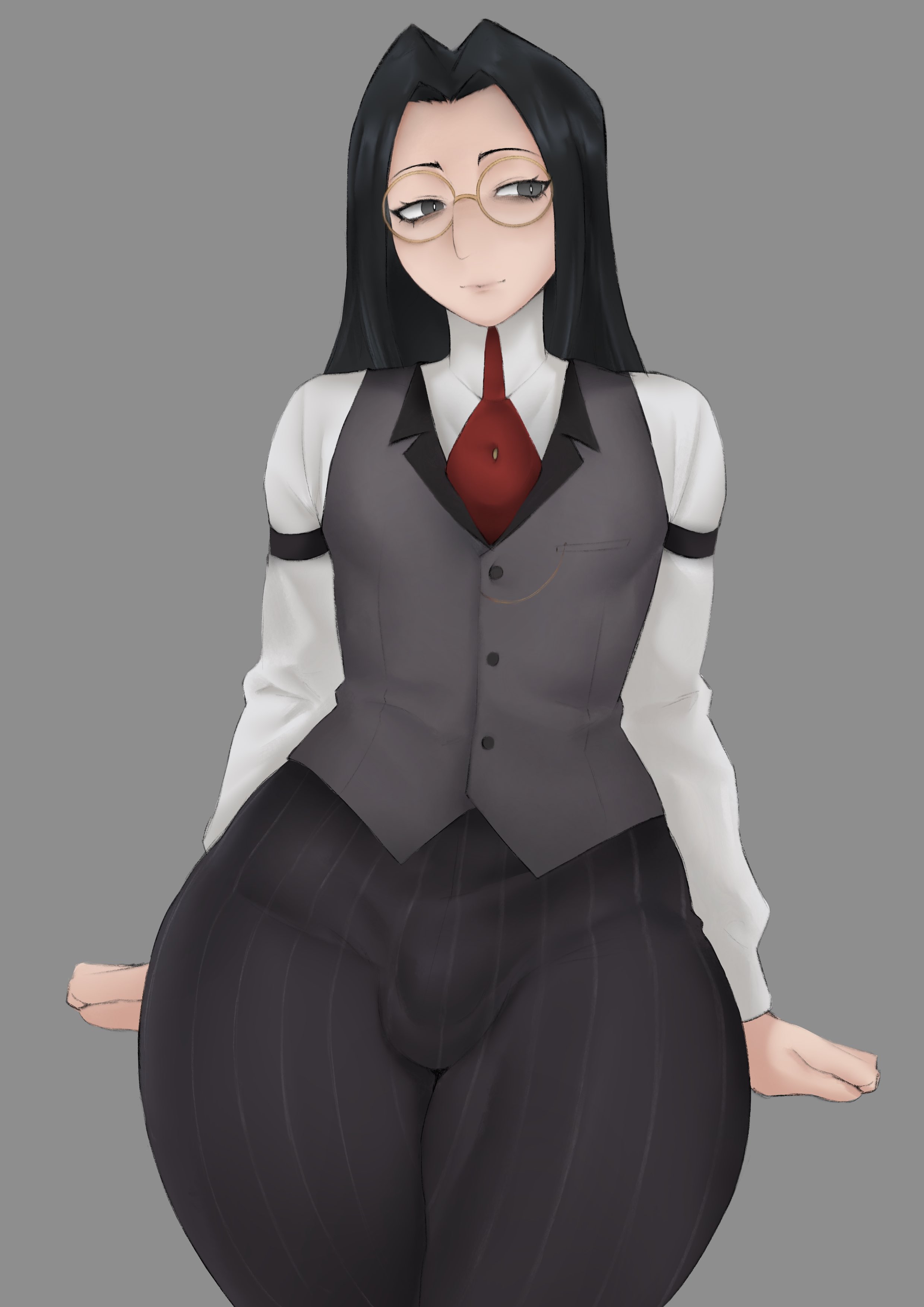 1boy, 2d, 2d (artwork), black hair, bulge, bulge through clothing, child bearing hips, circular glasses, clothed, clothing, curvaceous, curvy, curvy figure, curvy male, femboy, girly, glasses, grey eyes, hazbin hotel, long hair, looking away, meaty thighs, meruzis, pendleton (hazbin hotel), sir pentious (hazbin hotel), sir pentious (human form), solo, thick thighs, twink, wide hips