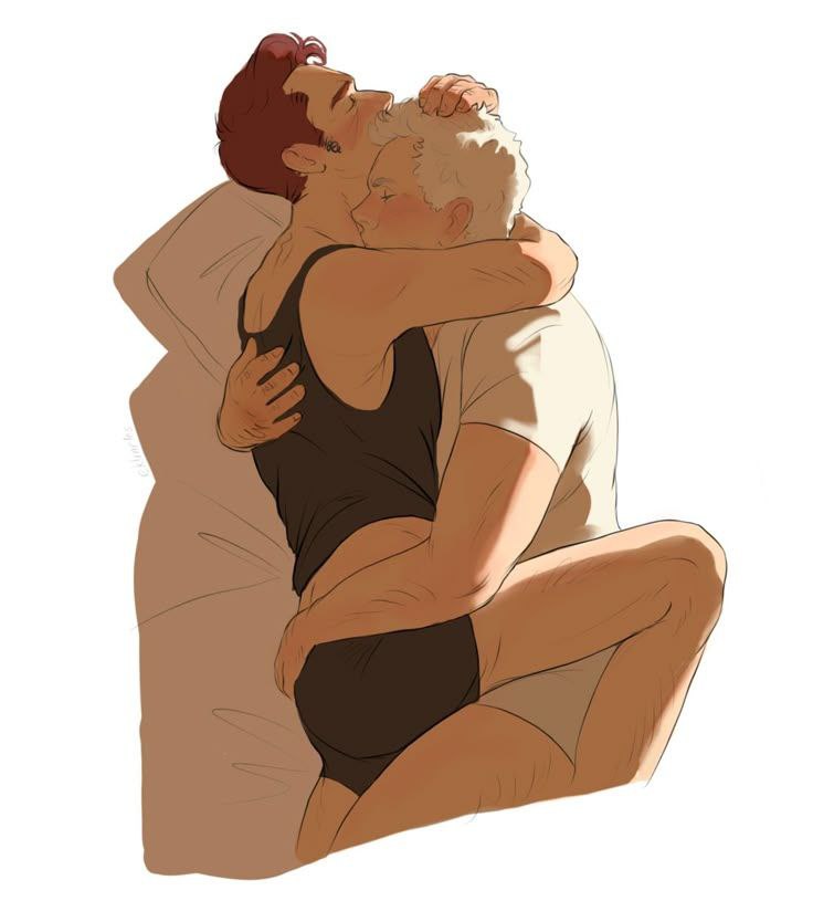 aziraphale, crowley, cuddling, cute, gay, good omens, neck kiss, sfw, soft