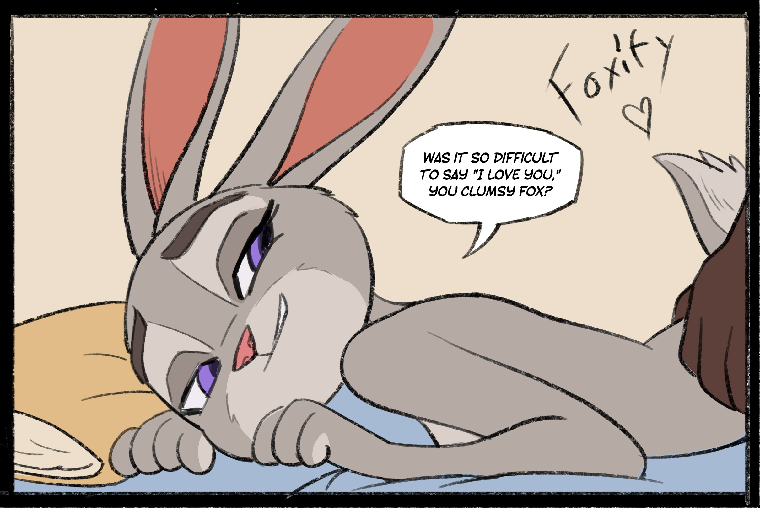 1boy, 1girls, anthro, ass, butt grab, canid, canine, comic, dialogue, disney, duo, english text, european rabbit, female, female anthro, female focus, fox, foxify, from behind position, gesture, hand on butt, hi res, i love you, judy hopps, lagomorph, leporid, looking back, looking pleasured, male, male anthro, male/female, mammal, nick wilde, oryctolagus, rabbit, red fox, sex, smile, smirk, solo focus, suggestive, suggestive gesture, text, true fox, zootopia