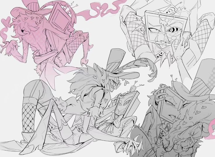 crotch grab, cum on face, edging, hazbin hotel, kissing, making out, sketch, valentino (hazbin hotel), vox (hazbin hotel)