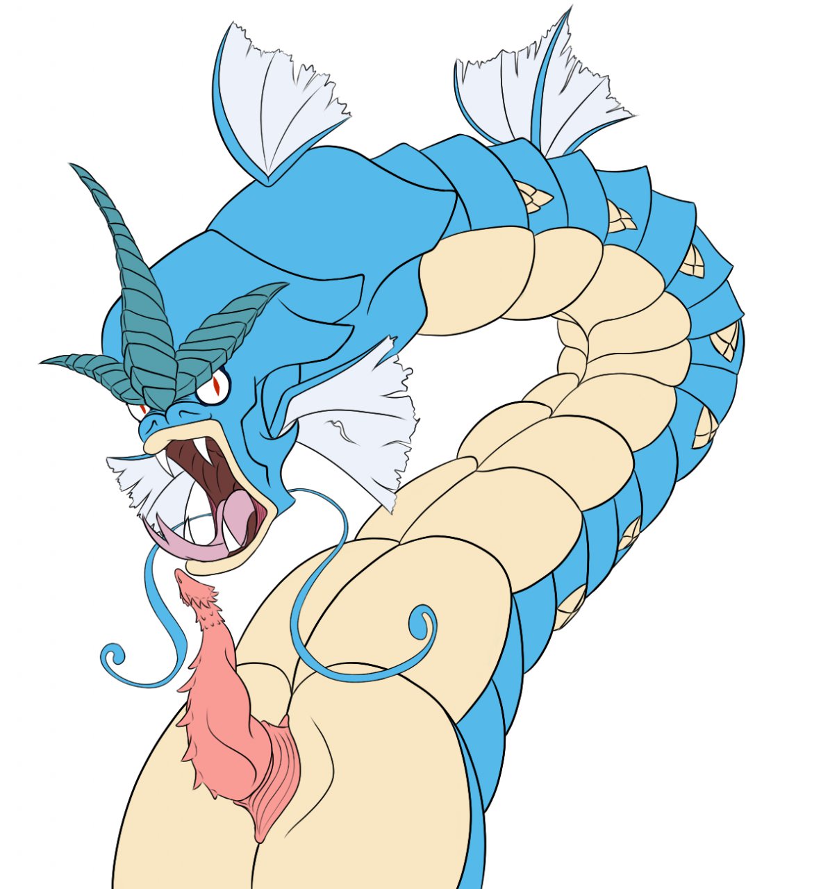 barbs chinese_dragon cloaca dragon eastern erection fangs fins flareponyta forked_tongue game_freak gyarados looking_at_viewer male male_only nintendo open_mouth penis pokemon rage red_eyes scalie slit solo spikes tongue whiskers white_background