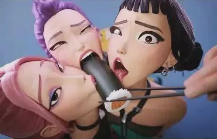 3girls, batesz, black hair, chopsticks, female, female only, food, food play, humor, implied fellatio, implied oral, kpop demon hunters, meme, mira (kpop demon hunters), multiple girls, pink hair, purple hair, rumi (kpop demon hunters), rumi sniffing gimbap, sushi, sushi roll, zoey (kpop demon hunters)