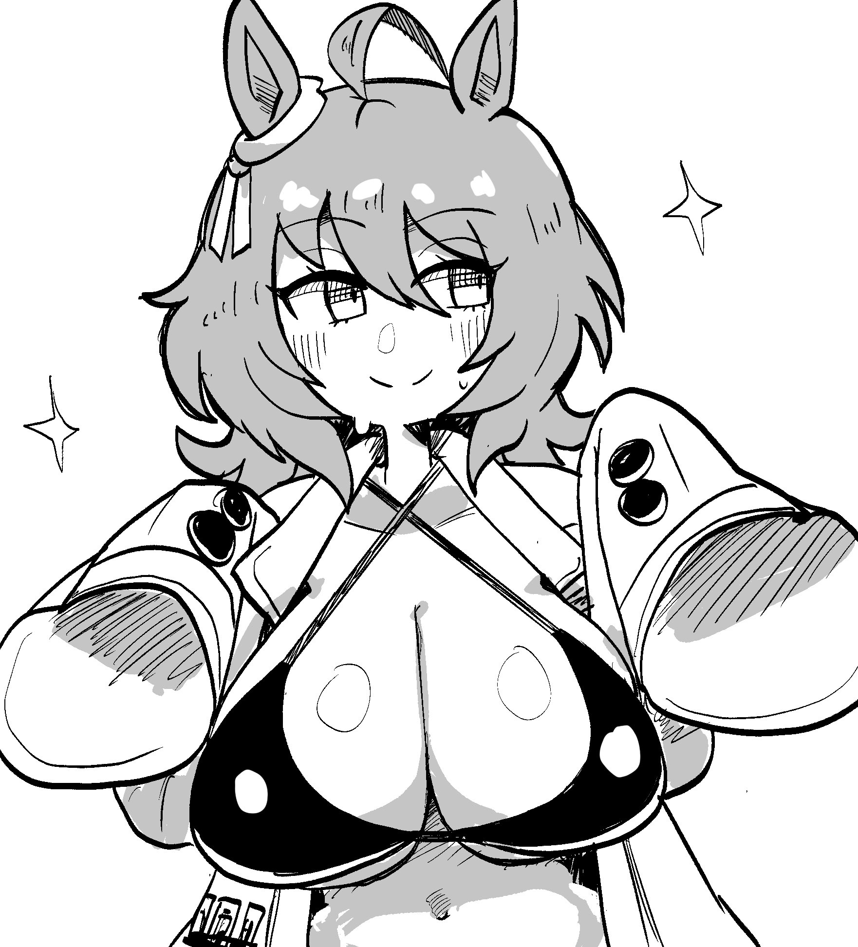 1girls, agnes tachyon (umamusume), animal ears, big breasts, bikini top, breasts, clothed female, doodle, horse ears, horse girl, huge breasts, no color, notnoe (dxcl), open clothes, open jacket, solo, solo female, umamusume