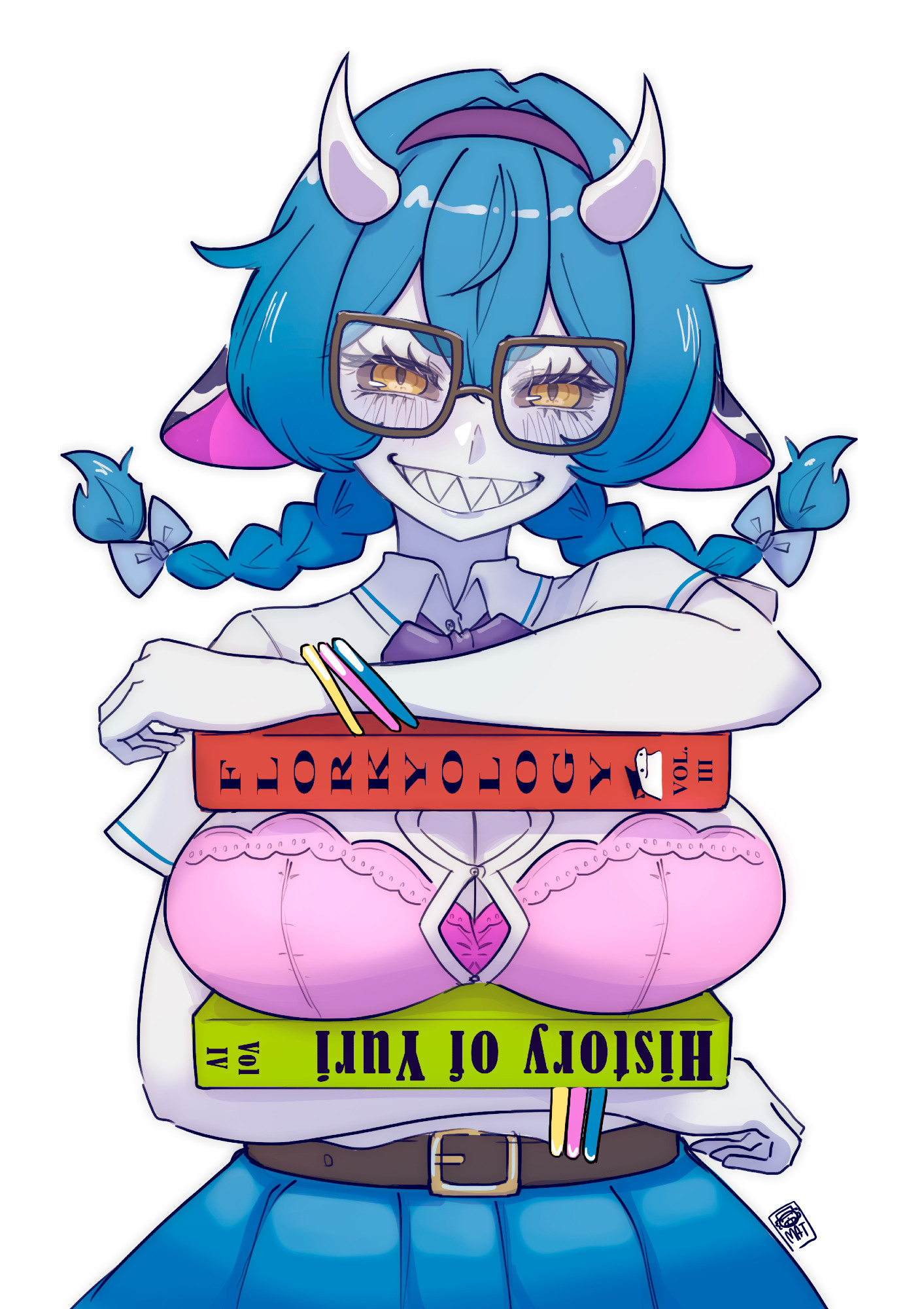 1girls, 2025, artist logo, belt, blue hair, bra, bracelets, breast between books, breast squeeze, cleavage, cow horns, female, female focus, female only, glasses, hairband, history of yuri (book), indie virtual youtuber, matdesenheiro, nerd, nerd glasses, nerdy female, see-through clothing, shark teeth, sharp teeth, skirt, socks agency, solo, solo female, solo focus, textbook, thick glasses, twintails, virtual youtuber, vtuber, white body, white skin, yellow eyes, yomi quinnley