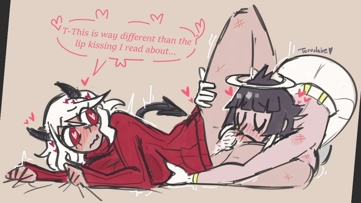 2girls, angel, azazel (helltaker), blush, breasts, eating pussy, english text, female, female only, halo, heart, helltaker, horns, modeus (helltaker), toruclaire, yuri
