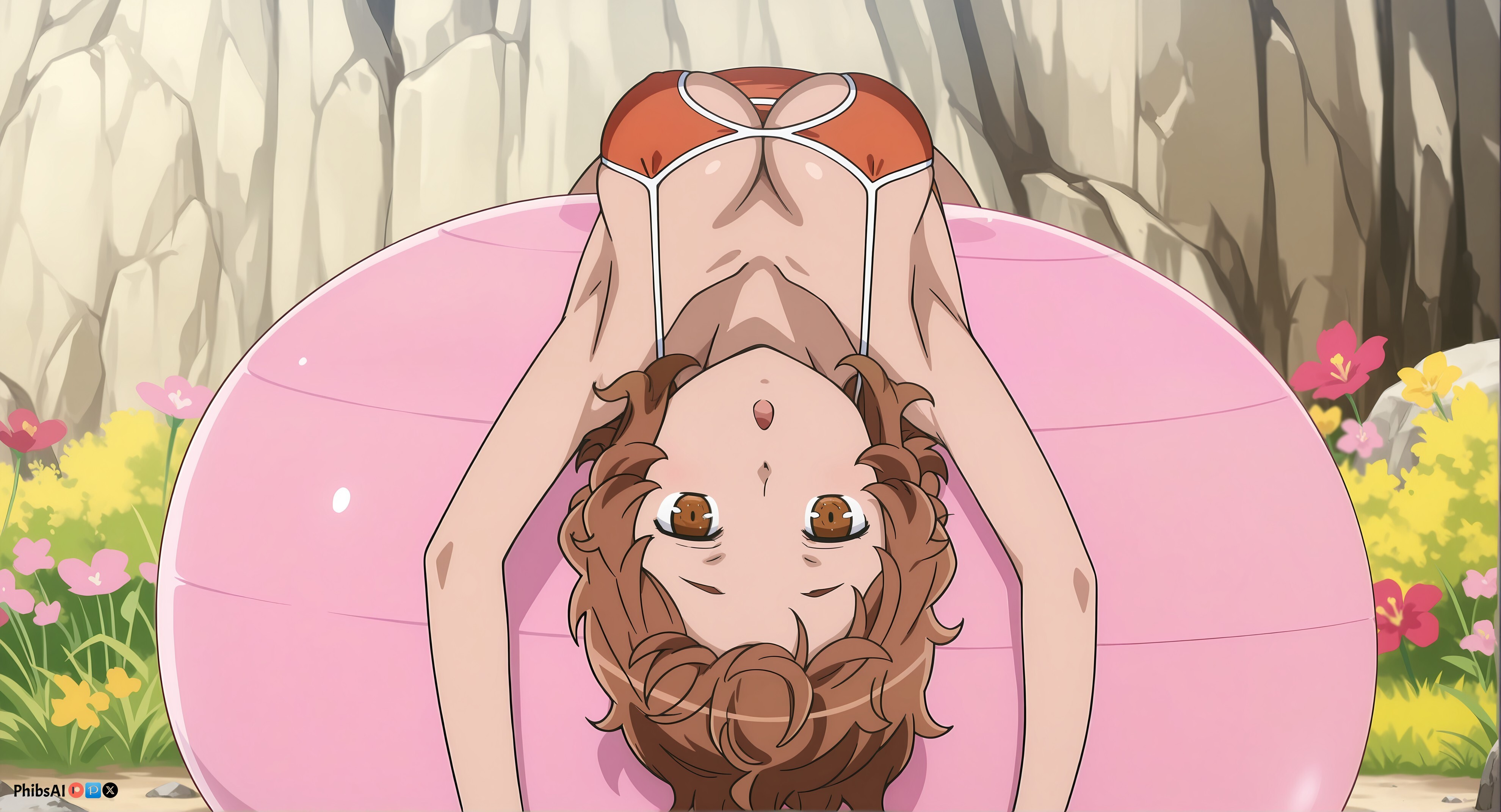 ai generated, armpits, arms behind head, arms up, ball, beach, beachball, bikini, blush, breasts, brown eyes, brown hair, cleavage, collarbone, day, dungeon ni deai wo motomeru no wa machigatteiru darou ka, female, flower, grass, innertube, large breasts, laying on back, liliruca arde, looking at viewer, medium breasts, open mouth, outdoors, phibsai, short hair, solo, swimsuit, water, yellow flower