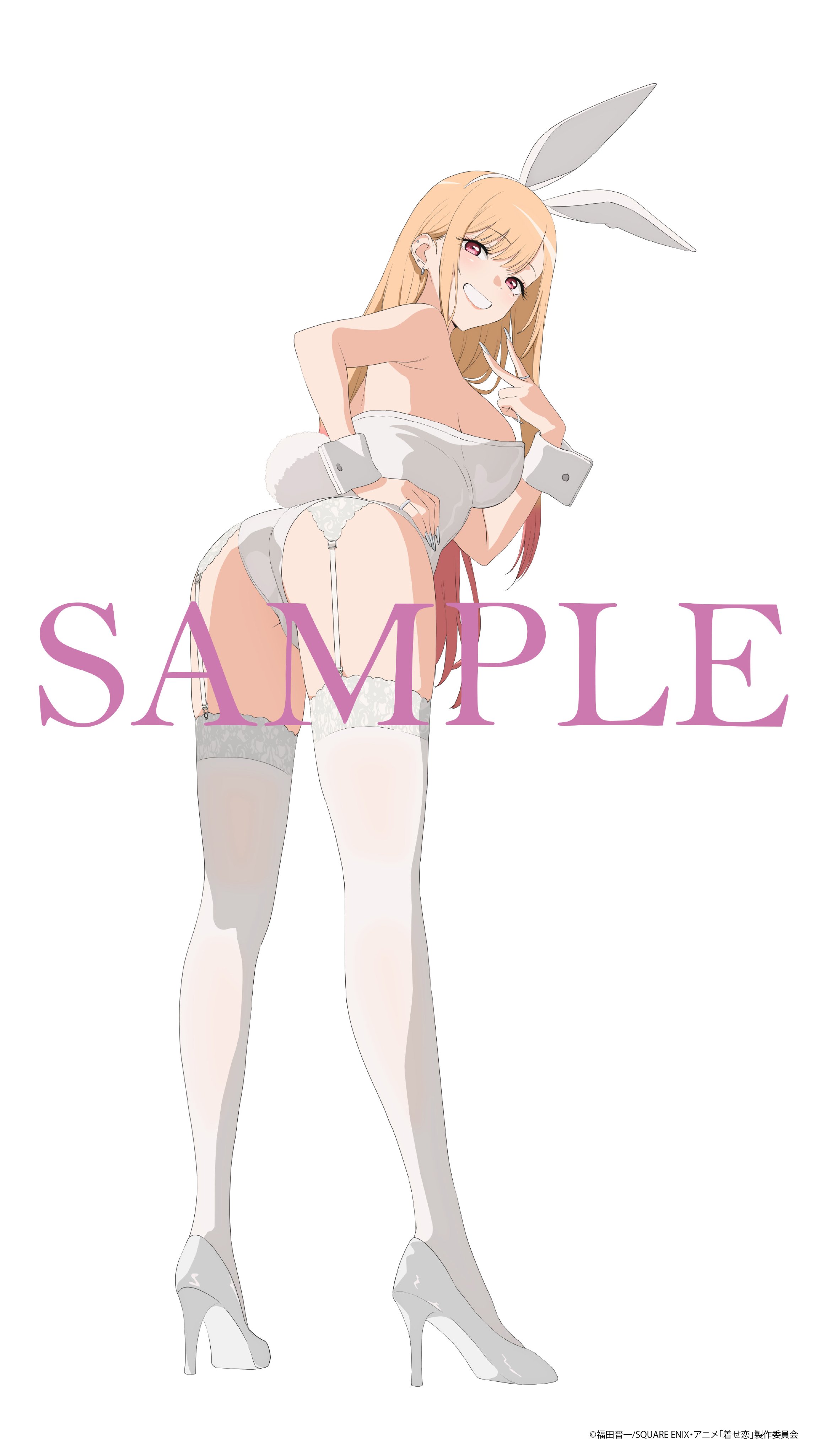1girls, ass, ass focus, blonde hair, bunnysuit, fake animal ears, fake rabbit ears, gyaru, heels, kitagawa marin, light skin, light-skinned female, long legs, looking at viewer, my dress up darling, no background, official art, red eyes, smiling, smiling with teeth, stockings, thick ass, thick legs, thick thighs, white background, white bunnysuit, white stockings