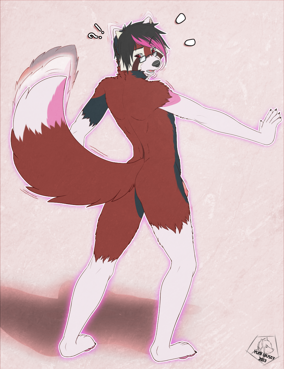 anthro canine eyewear fur furry glasses male male_only panda penis rai solo surprised transformation wusky yuniwolfsky