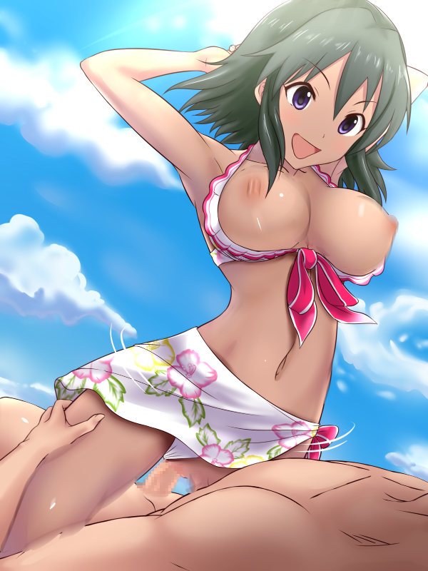 bikini bikini_aside bouncing_breasts breasts censored clothed_female_nude_male cloud cowgirl_position female human idolmaster idolmaster_cinderella_girls large_breasts male mosaic_censoring motion_blur motion_lines myu-po natalia_(idolmaster) navel nipples nude open_mouth penis purple_eyes sarong sex sky smile solo_focus straight swimsuit tan