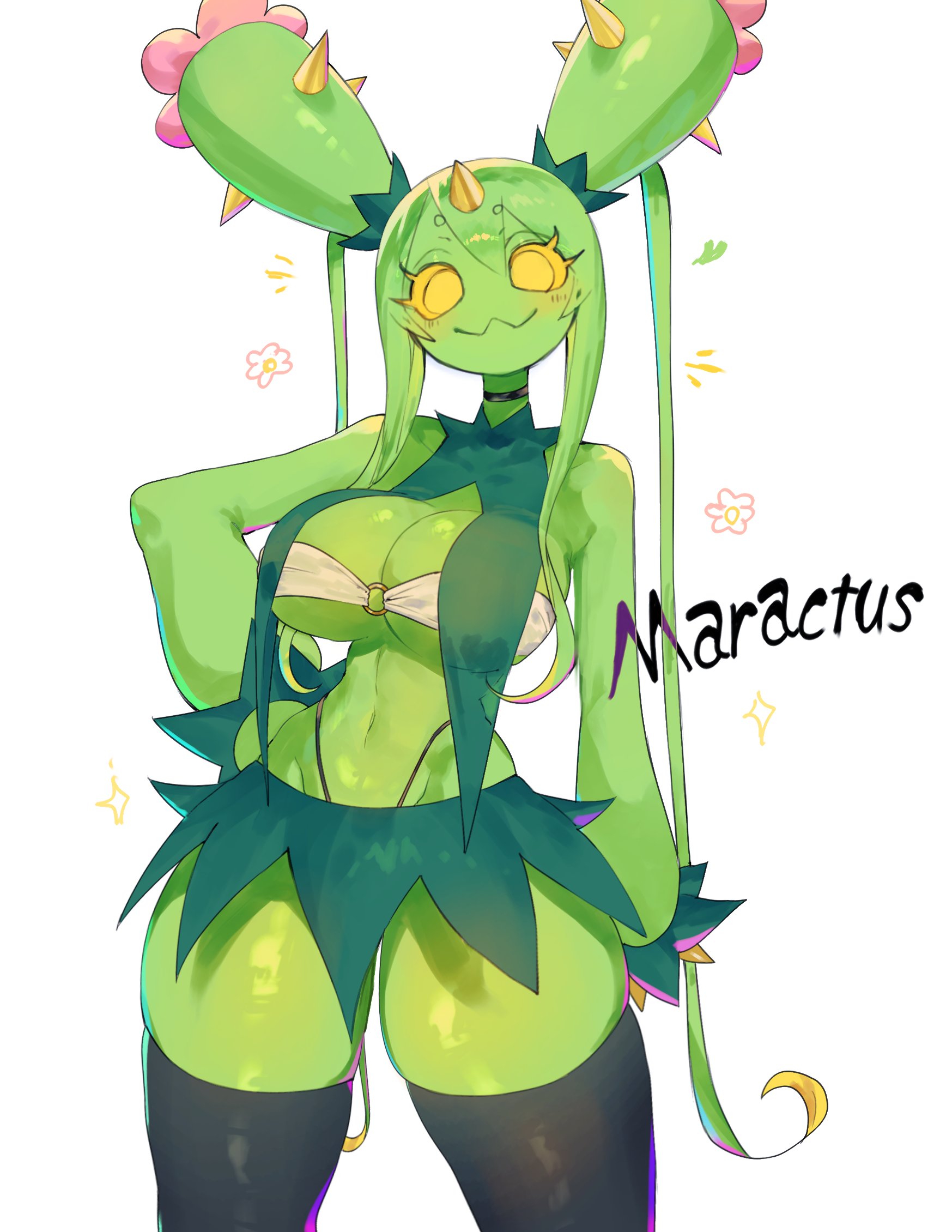1girls, anthro, big breasts, black thighhighs, blush, choker, cleavage, english text, female, female only, g-string, generation 5 pokemon, green body, green hair, hand on hip, hi res, looking at viewer, maractus, nintendo, pokemon, pokemon (species), smiling, smiling at viewer, solo, text, thick thighs, thighhighs, toge77789, togetoge, underboob, white background, yellow eyes
