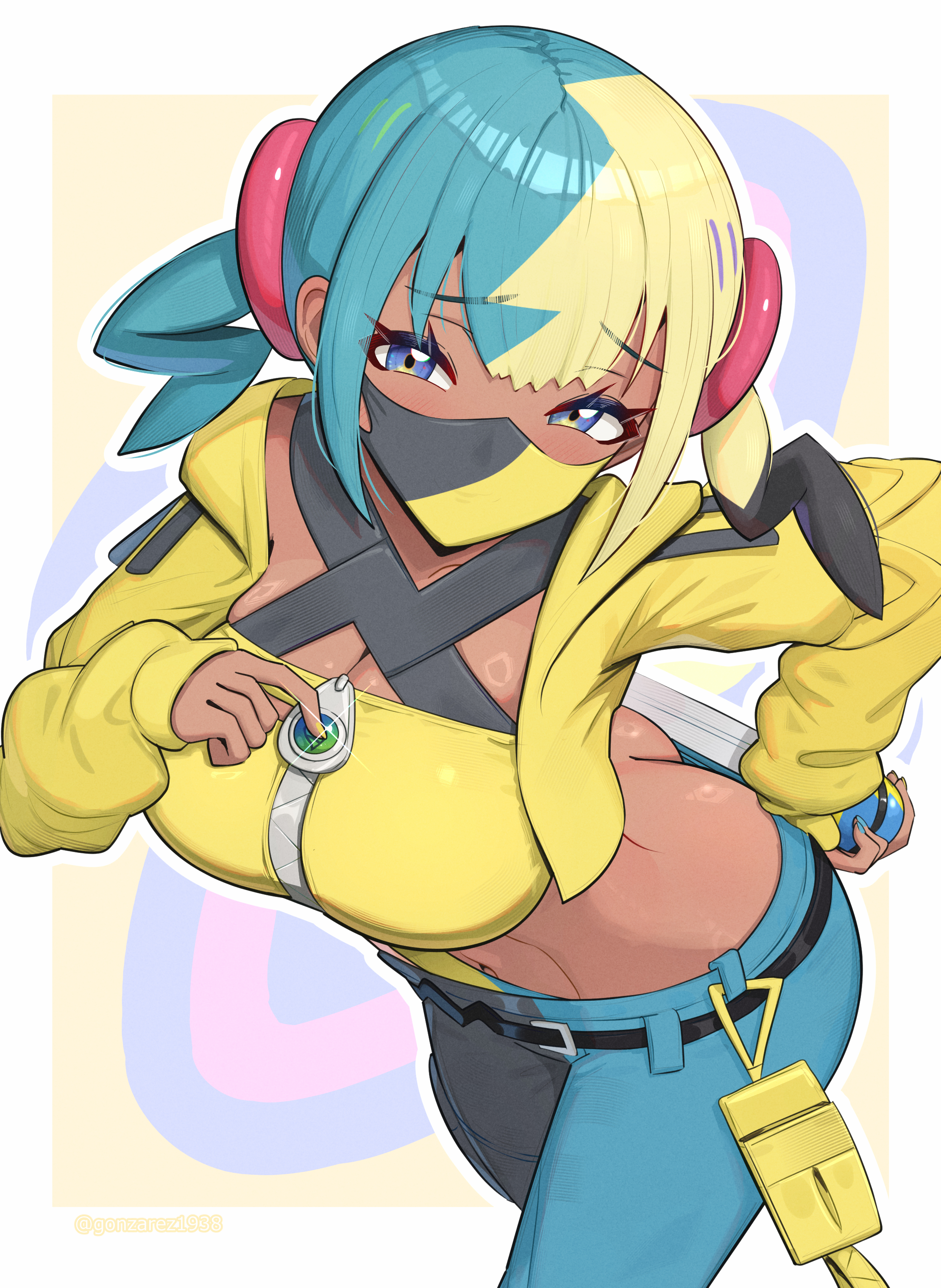 1girls, absurdres, aqua hair, ass, bandeau, belt, big breasts, black belt, black halterneck, black mask, black pants, blonde hair, blue nails, blue pants, breasts, butt crack, canari (pokemon), canary (pokemon), cleavage, criss-cross halter, crop top, dark skin, dark-skinned female, downpants, female, female only, gonzarez, halterneck, highres, jacket, large breasts, mask, midriff, mouth mask, multicolored clothing, multicolored hair, multicolored mask, multicolored pants, nail polish, navel, nintendo, pants, pokemon, pokemon legends: z-a, short twintails, solo, split-color hair, twintails, two-tone clothing, two-tone hair, two-tone mask, two-tone pants, yellow bandeau, yellow jacket, yellow mask, yellow nails