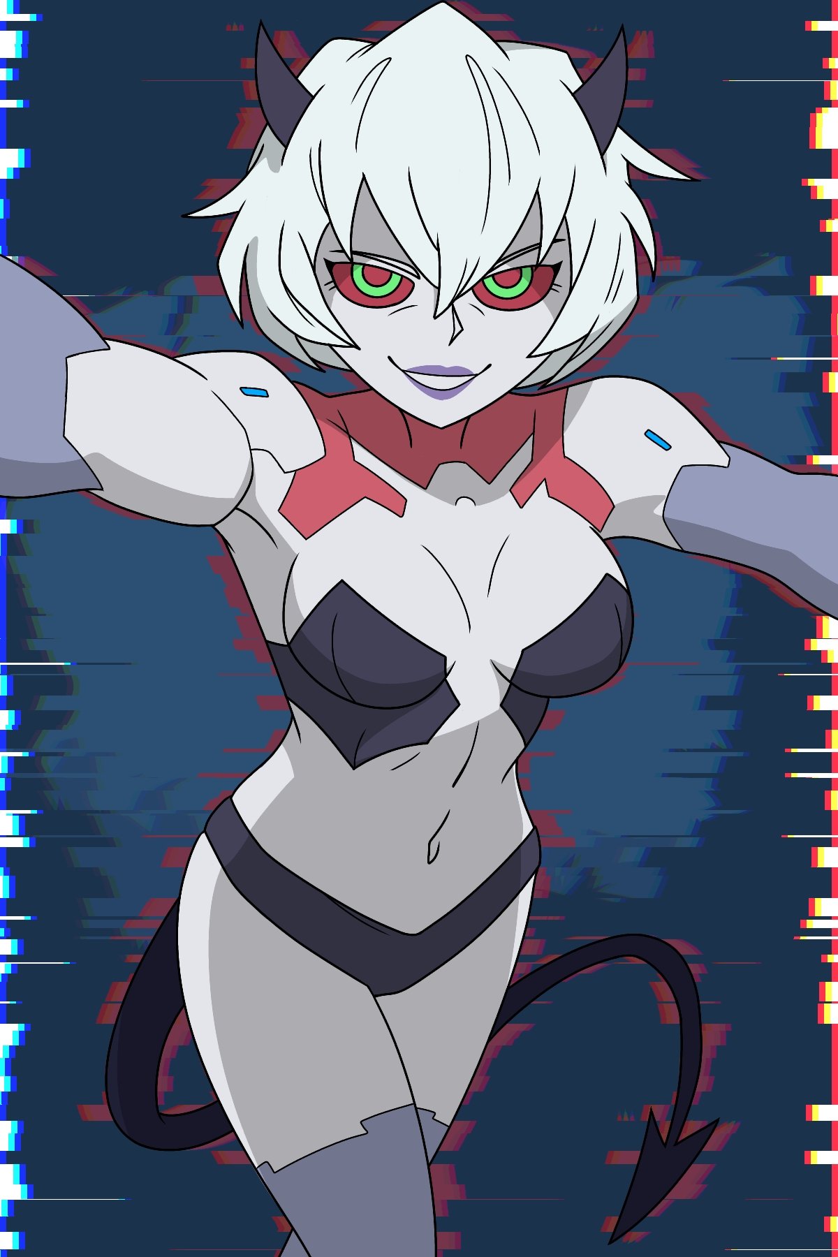 1girls, cosplay, cyberpunk 2077, cyberpunk: edgerunners, demon, demon girl, demon horns, demon tail, female, female only, green eyes, grey body, grey skin, hair, helltaker, horns, lips, malina (helltaker), rebecca (edgerunners) (cosplay), red sclera, revealing clothes, short hair, skimpy, skimpy clothes, smile, solo, solo female, tail, theuncledoomer, white hair
