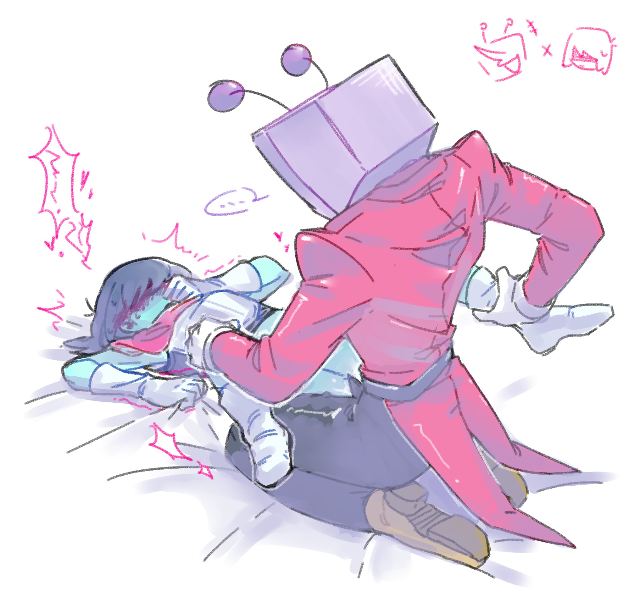 ..., 74s f (artist), ambiguous gender, ambiguous penetration, artist request, bare legs, blush, covering mouth, deltarune, holding another's leg, kneeling, kris (dark world form), kris (deltarune), male/ambiguous, open fly, sweat, tenna (deltarune)