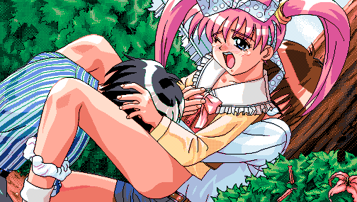 1boy 4bpp 90s alice_soft ass bottomless cunnilingus female forced game_cg hair_ribbon helpless mutsumi_masato oldschool only_you_seikimatsu_no_juliette-tachi oral panties panties_around_leg pc98 pink_hair rape screaming tears tendou_raimu tied_hair tree twintails