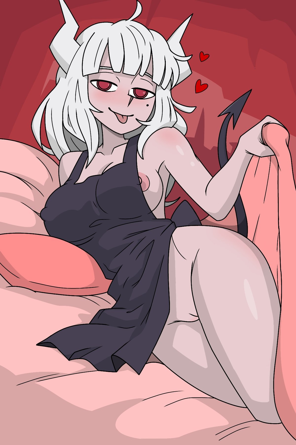 1girls, apron, apron only, areola slip, areolae, bed, black apron, demon, demon girl, demon horns, demon tail, exposed pussy, female, female only, hair, half-closed eyes, heart, helltaker, hips, horns, inviting under covers, long hair, lucifer (helltaker), mole, mole under eye, naked apron, nipple slip, nipples, pussy, red eyes, seductive, seductive look, sheet grab, solo, solo female, tail, theuncledoomer, tongue, tongue out, vagina, white hair