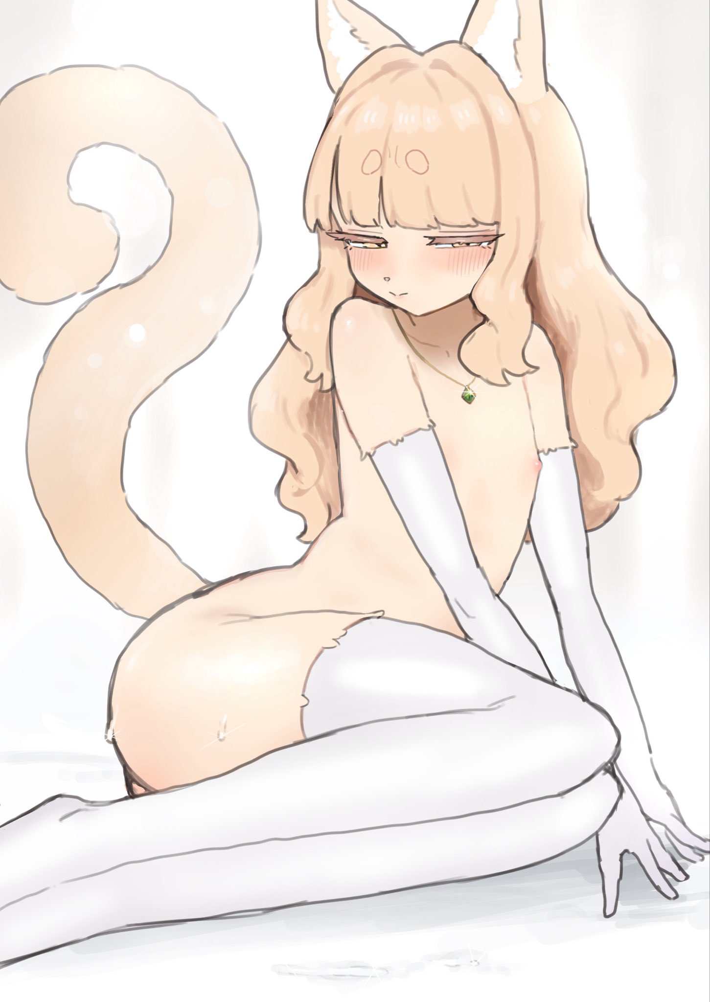 1boy, 2d, animal ears, blonde hair, blush, color, femboy, femboy only, full color, furry male, gloves, hair, high gloves, long gloves, long hair, male, male only, naked, naked male, necklace, on side, original, solo, stefvanian, stockings, sweat, tagme, tail
