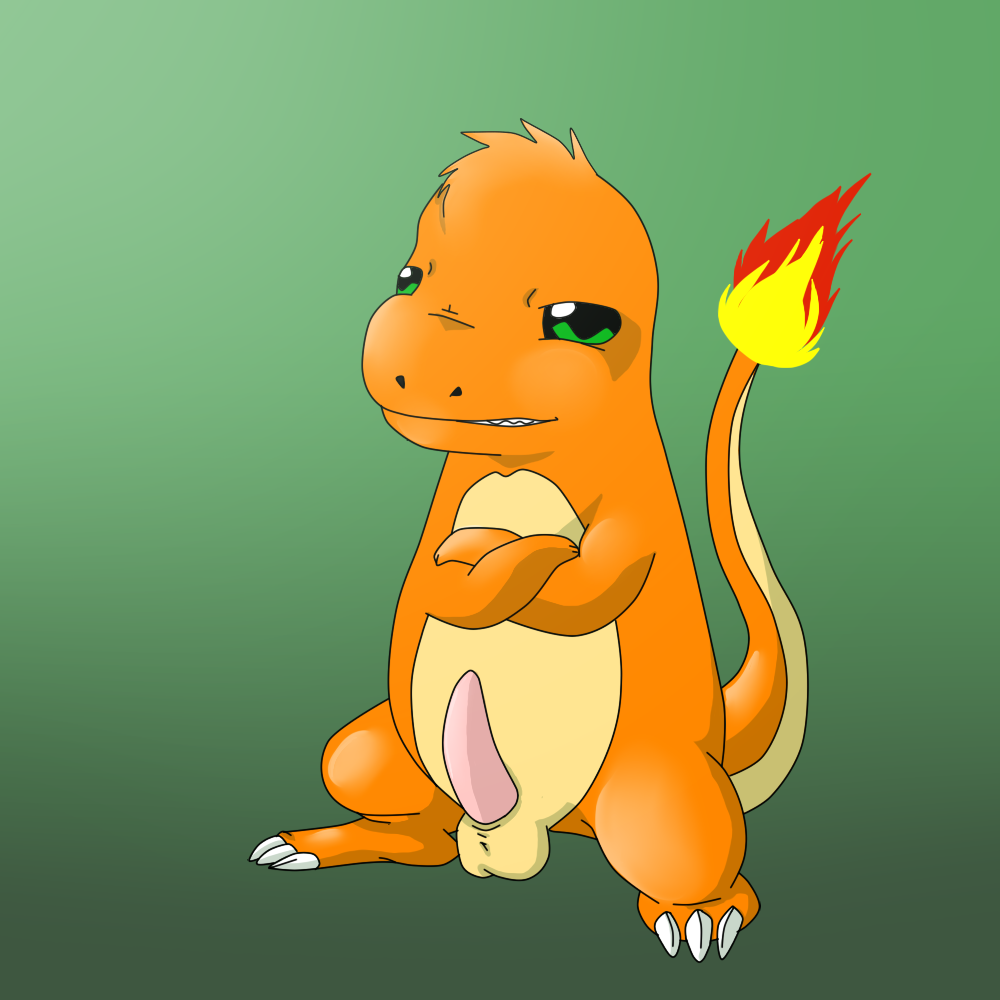 balls charmander crossed_arms fire gradient_background green_background male male_only murderous nintendo penis plain_background pokémon_(species) pokemon pokemon_(species) solo tail tail_fire video_games