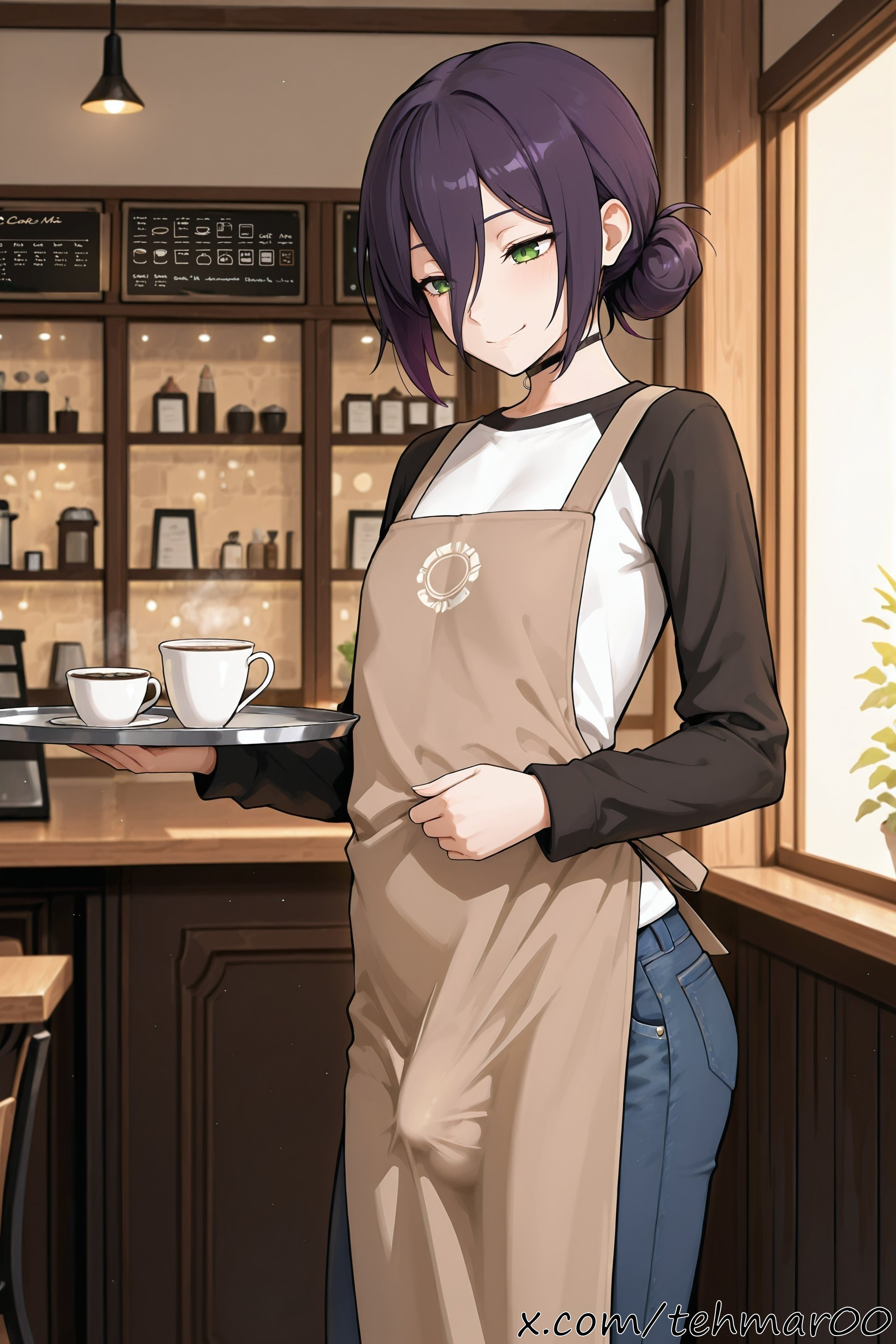 1boy, ai generated, apron, black choker, blue pants, blush, cafe, chainsaw man, choker, closed mouth, cup, denim, femboy, genderswap (ftm), green eyes, hair between eyes, hair bun, holding, indoors, jeans, long sleeves, male, pants, purple hair, reze (chainsaw man), rule 63, shirt, single hair bun, smile, solo, tagme, teacup, tehmar, trans woman, transfem, trap, tray, window