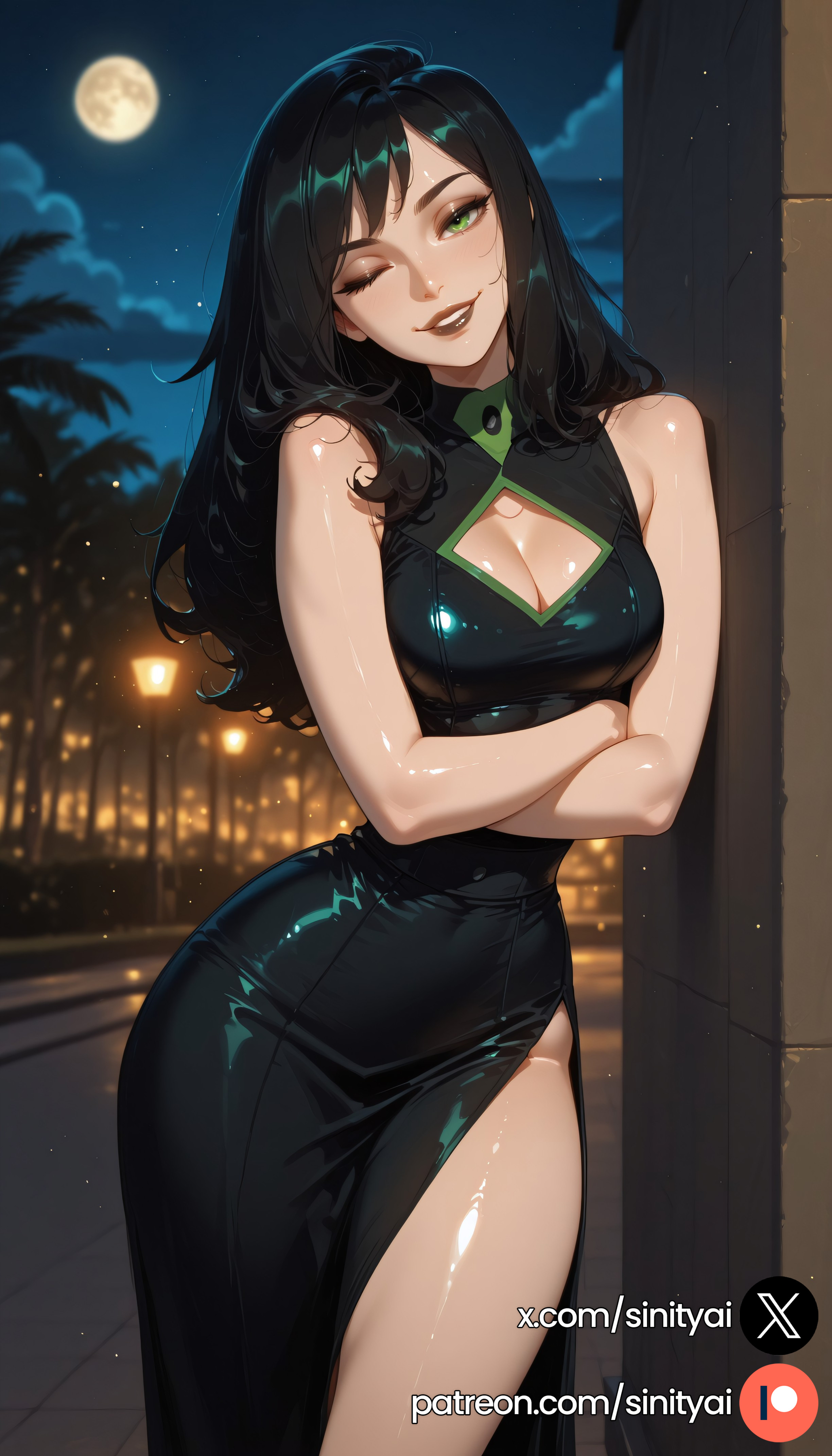 1girls, 2025, ai generated, ass, big ass, big breasts, black hair, black lips, black lipstick, blurred background, blurry background, depth of field, female, green eyes, hi res, high quality, high resolution, highres, huge ass, huge breasts, huge thighs, kim possible, long hair, nsfw, patreon, patreon exclusive, patreon link, patreon logo, patreon url, patreon username, shego, sinity, small waist, thick thighs, thin waist