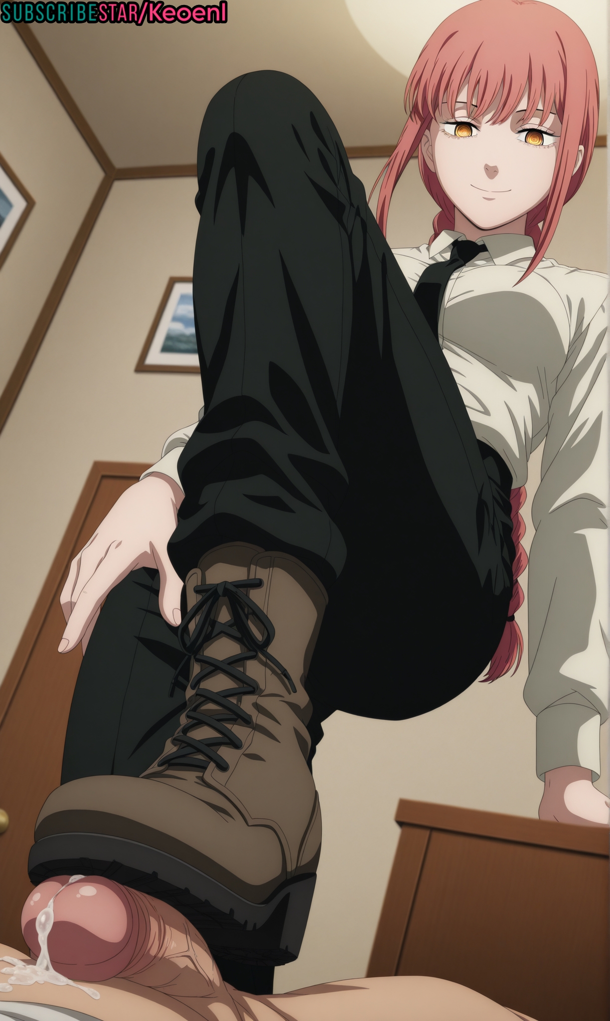 1boy, 1girls, accurate art style, ai generated, anime, ass, big breasts, blush, boot fetish, boots, braid, braided hair, breasts, chainsaw man, cum, cumming, cumshot, dominant, domination, erection, evil grin, feet, female, femdom, foot fetish, footjob, from behind, front view, hi res, hotel room, huge breasts, indoors, keoenl, leather, legs, long sleeves, makima (chainsaw man), male, necklace, nipples, pants, partial male, penis, posing, pov, red hair, ruined orgasm, seductive, sexy, shirt, shoulders, smile, smirk, smug, smug face, soles, soles female, solo, solo female, standing, stomp, stomping, submissive, subscribestar, sweat, sweating, thick thighs, thighs, tie, wide hips, yellow eyes