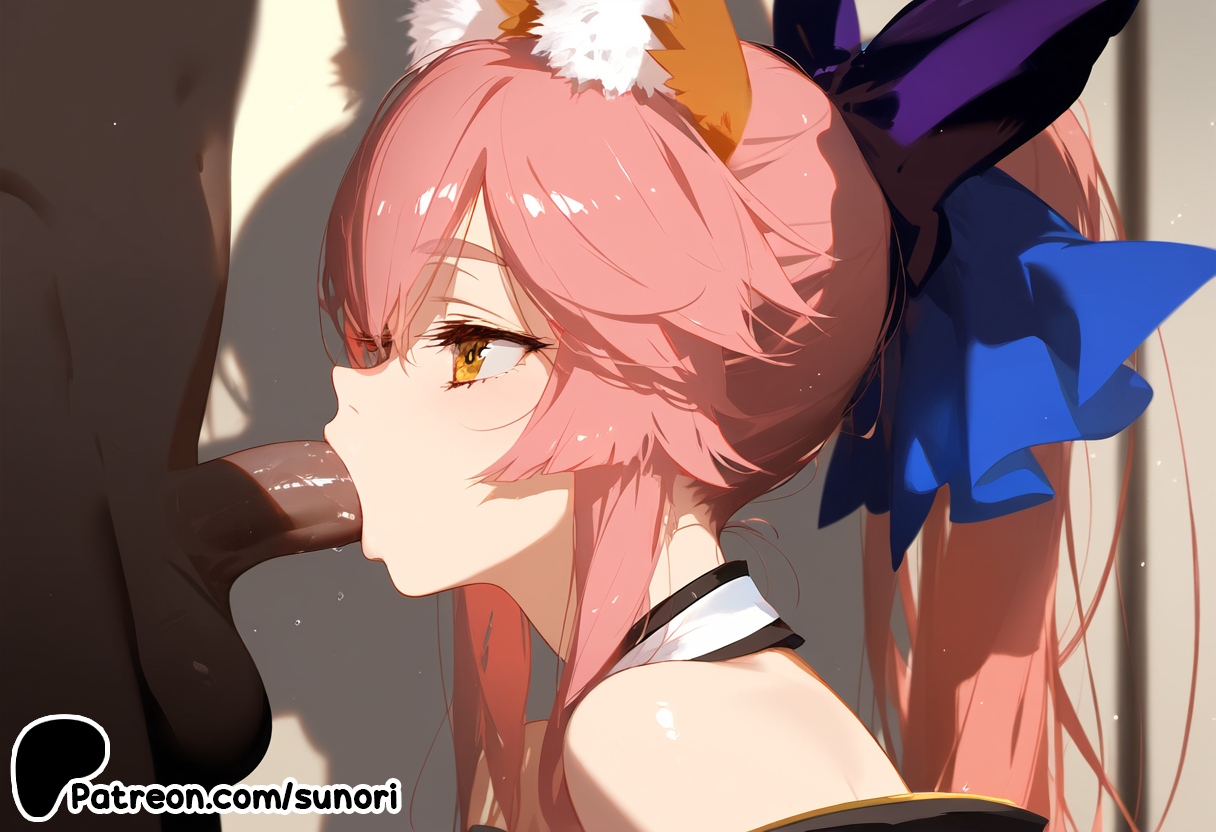 1boy, ai generated, animal ears, dark-skinned male, fate (series), fate/grand order, fellatio, female, fox ears, oral, penis, pink hair, straight, sunori, tamamo no mae (fate), uncensored