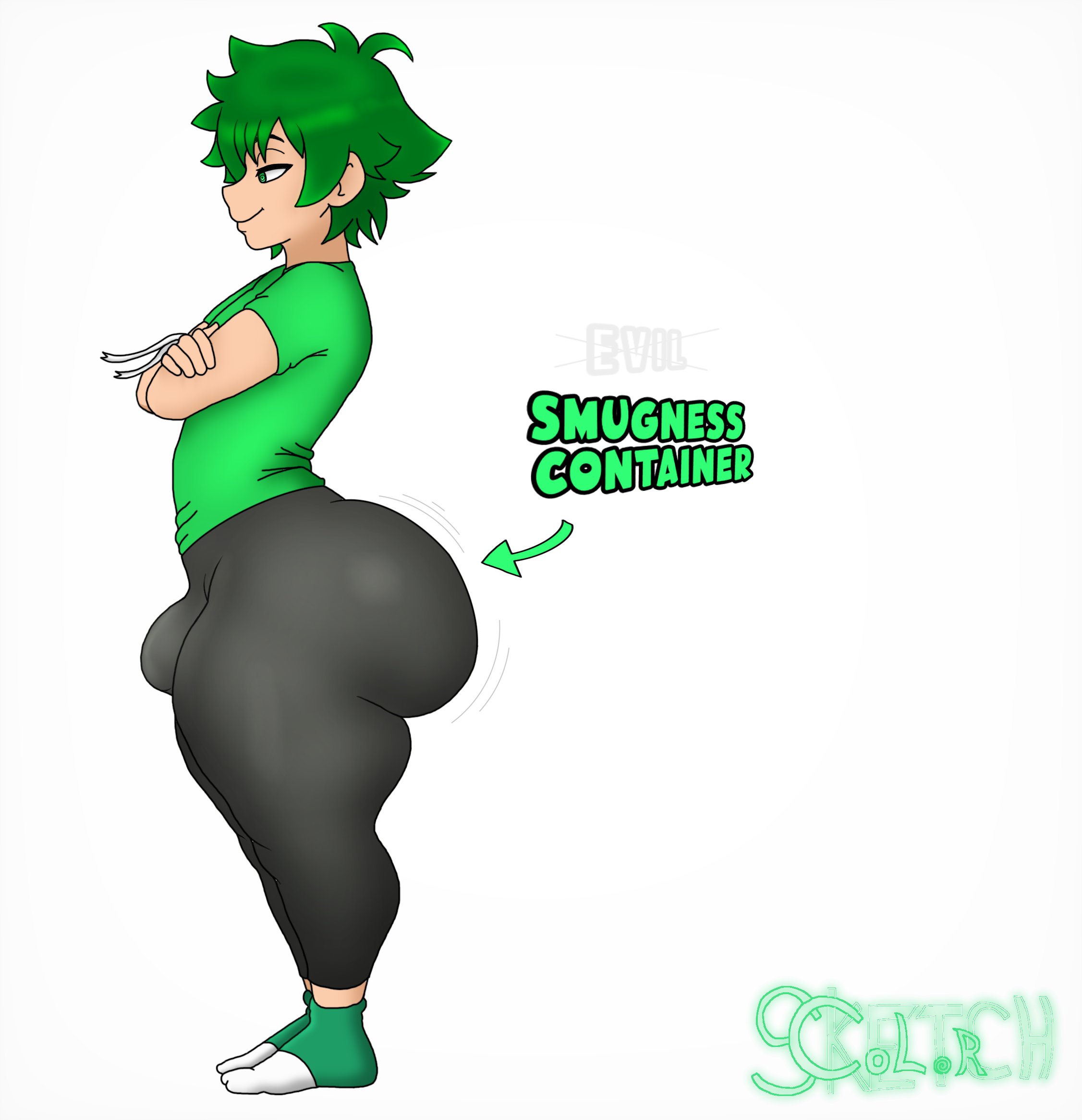 1boy, 1femboy, big ass, big ass (male), big bulge, big butt, bulge, evil container, femboy, green hair, huge ass, huge butt, oran (sketchcolor), sketchcolor