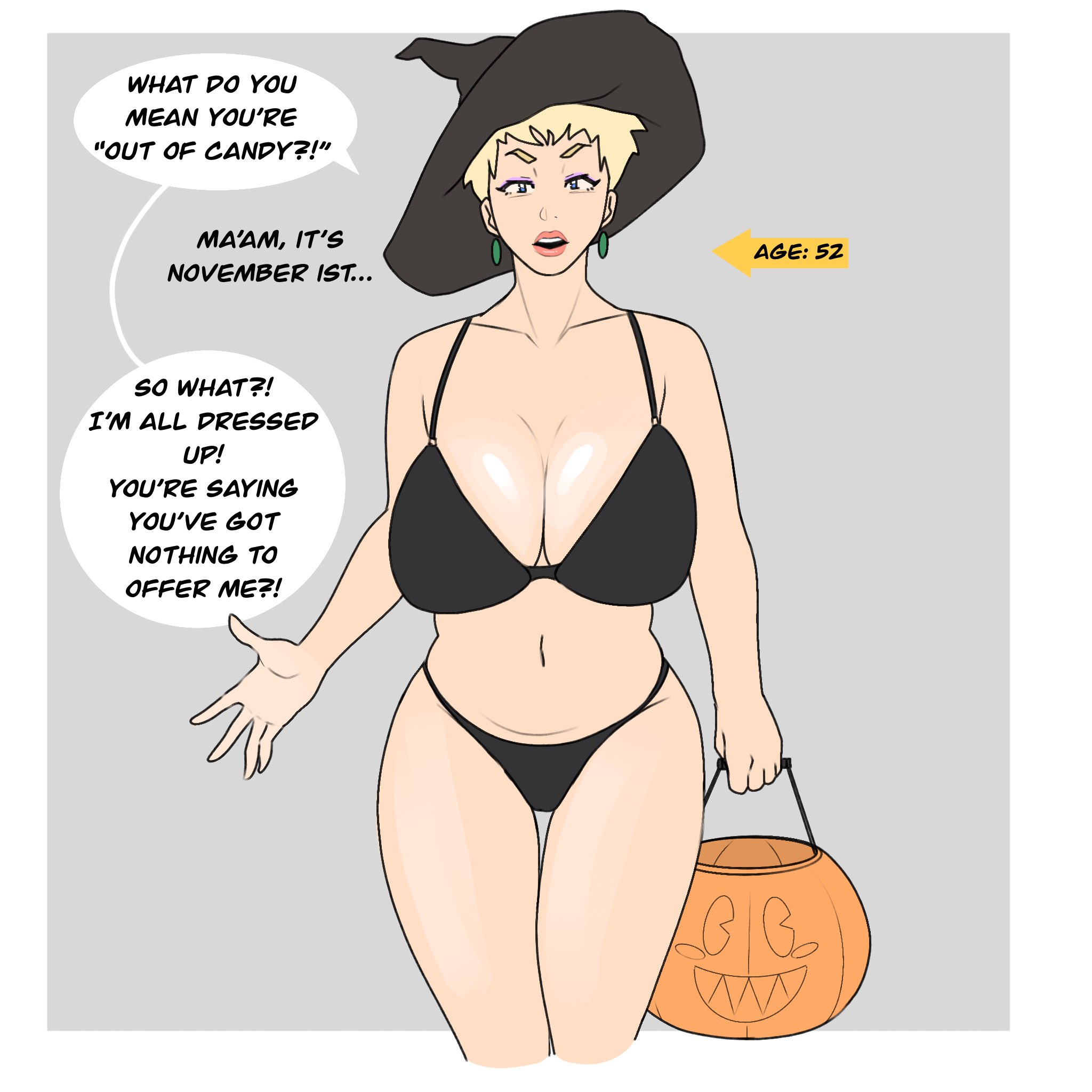 1girls, big breasts, blonde hair, breasts, cleavage, english text, female, female only, halloween, jopuari, karen, large breasts, mature, mature female, mature woman, milf, original, solo, solo female, text