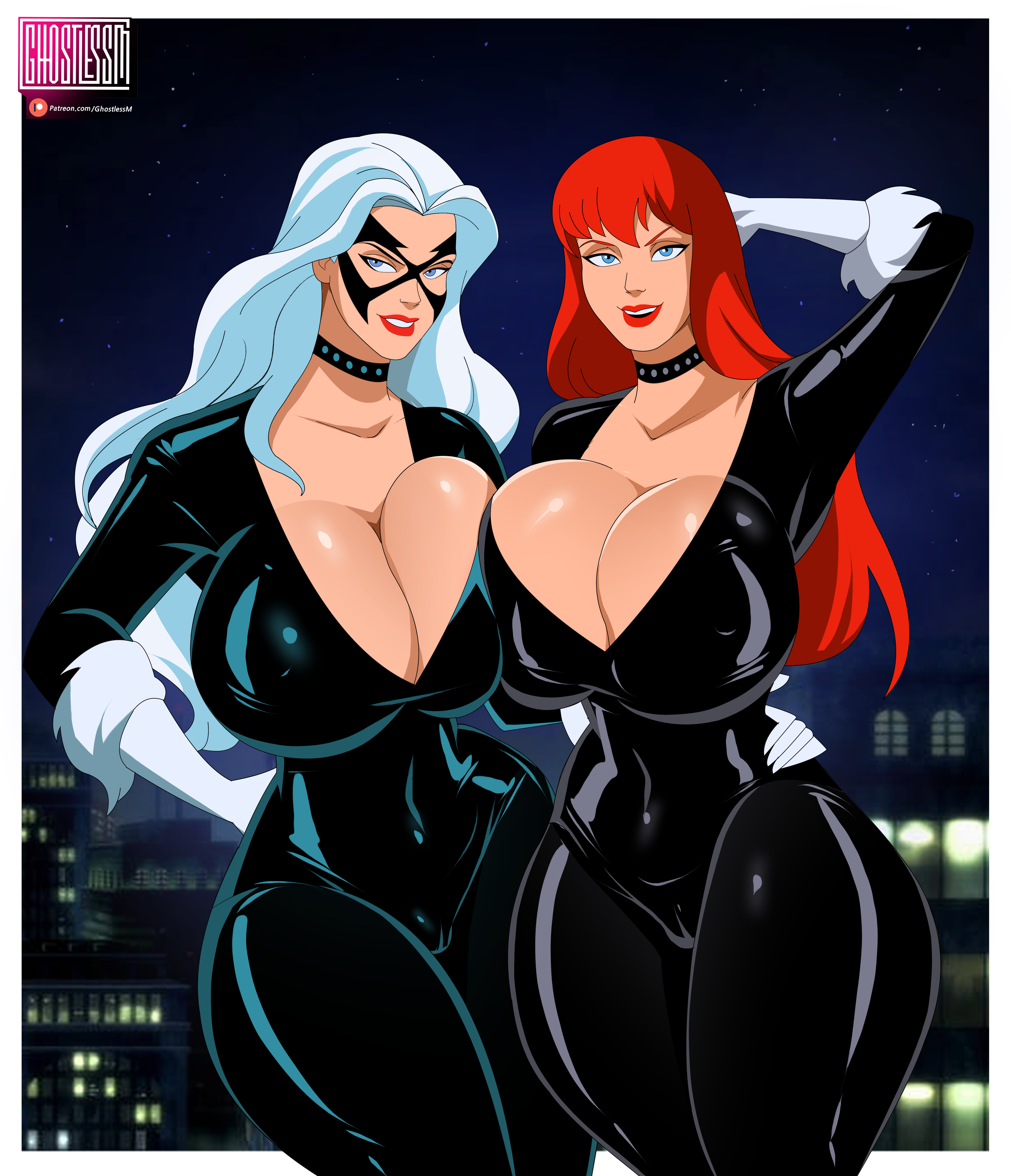 2girls, alternate version available, background, big breasts, black bodysuit, black cat (cosplay), black cat (marvel), black cat (spider-man: the animated series), blue eyes, bodysuit, breasts pressed together, choker, cleavage, curvaceous, curvy, curvy body, curvy female, curvy figure, eye mask, felicia hardy, female, female focus, female only, fully clothed, ghostlessm, gloves, huge breasts, large breasts, lipstick, long hair, marvel, marvel comics, mary jane watson, mary jane watson (spider-man: the animated series), red hair, shiny clothes, spider-man (series), spider-man: the animated series, thick thighs, tight clothing, voluptuous, voluptuous female, white gloves, white hair