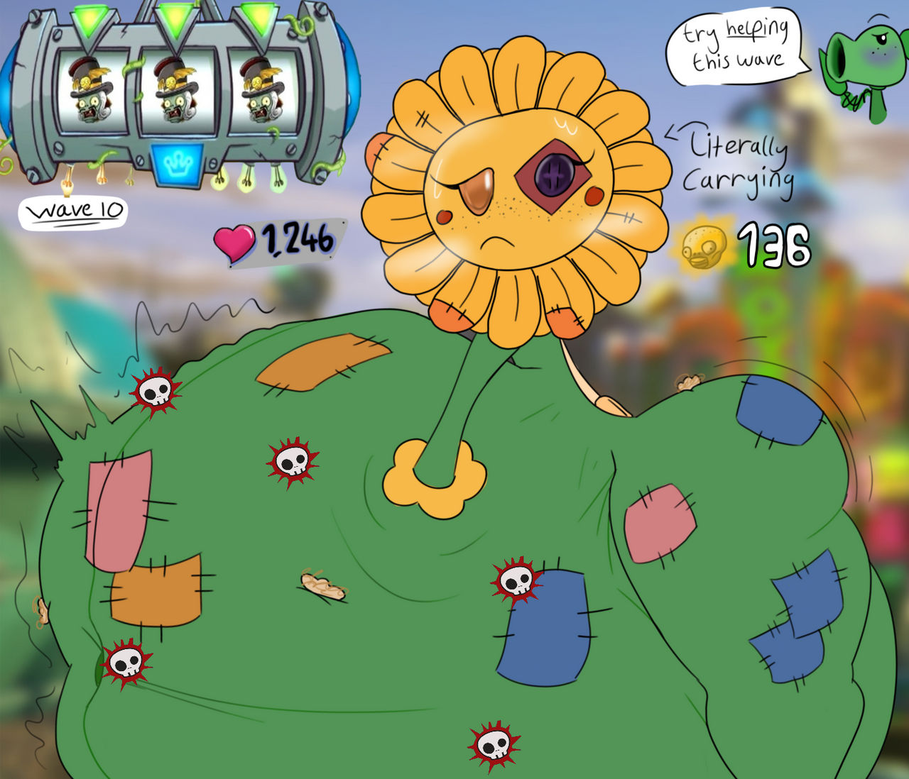 1girls, anthro, anthrofied, ass, belly, belly bulge, breasts, digestion, fat, female, female pred, flora fauna, hyper, hyper belly, notnoone123, peashooter (pvz), plant, plant girl, plant humanoid, plantie, plants vs zombies, plants vs. zombies, popcap games, pred, pussy, stuffy flower (pvz), sunflower (pvz), vore, vore belly