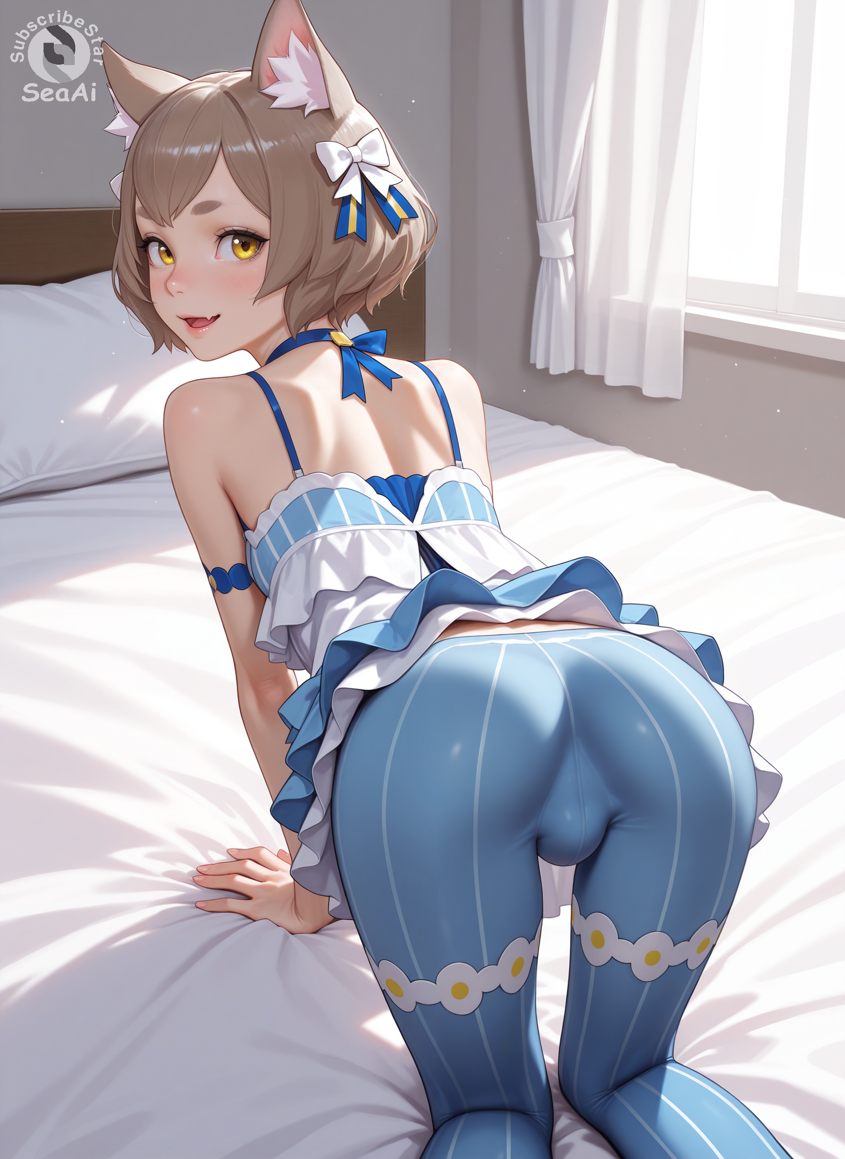 ai generated, all fours, animal ears, ass, bulge, cat boy, cat ears, catboy, dress, felix argyle, femboy, feminine, feminine male, from behind, looking at viewer, looking back, looking back at viewer, on bed, otoko no ko, pantyhose, re:zero kara hajimeru isekai seikatsu, seacreator, smile, viewed from behind