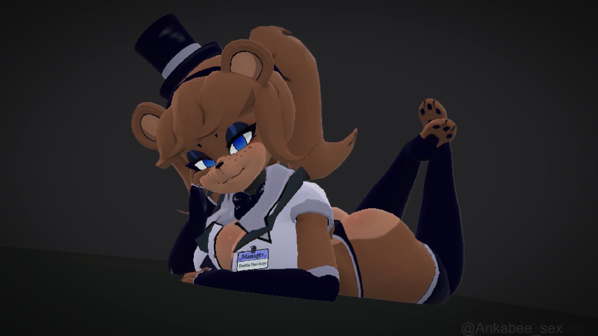 3d, ankabee, anthro, anthro only, bear, bear ears, big ass, blue eyes, brown body, brown skin, fazclaire's nightclub, female, five nights at freddy's, fredina's nightclub, frenni (cryptia), frenni (cryptiacurves), frenni fazclaire, large breasts, laying on stomach, legs up, looking at viewer, prisma3d, simple background, solo, stirrup legwear, stockings thigh highs, white jacket