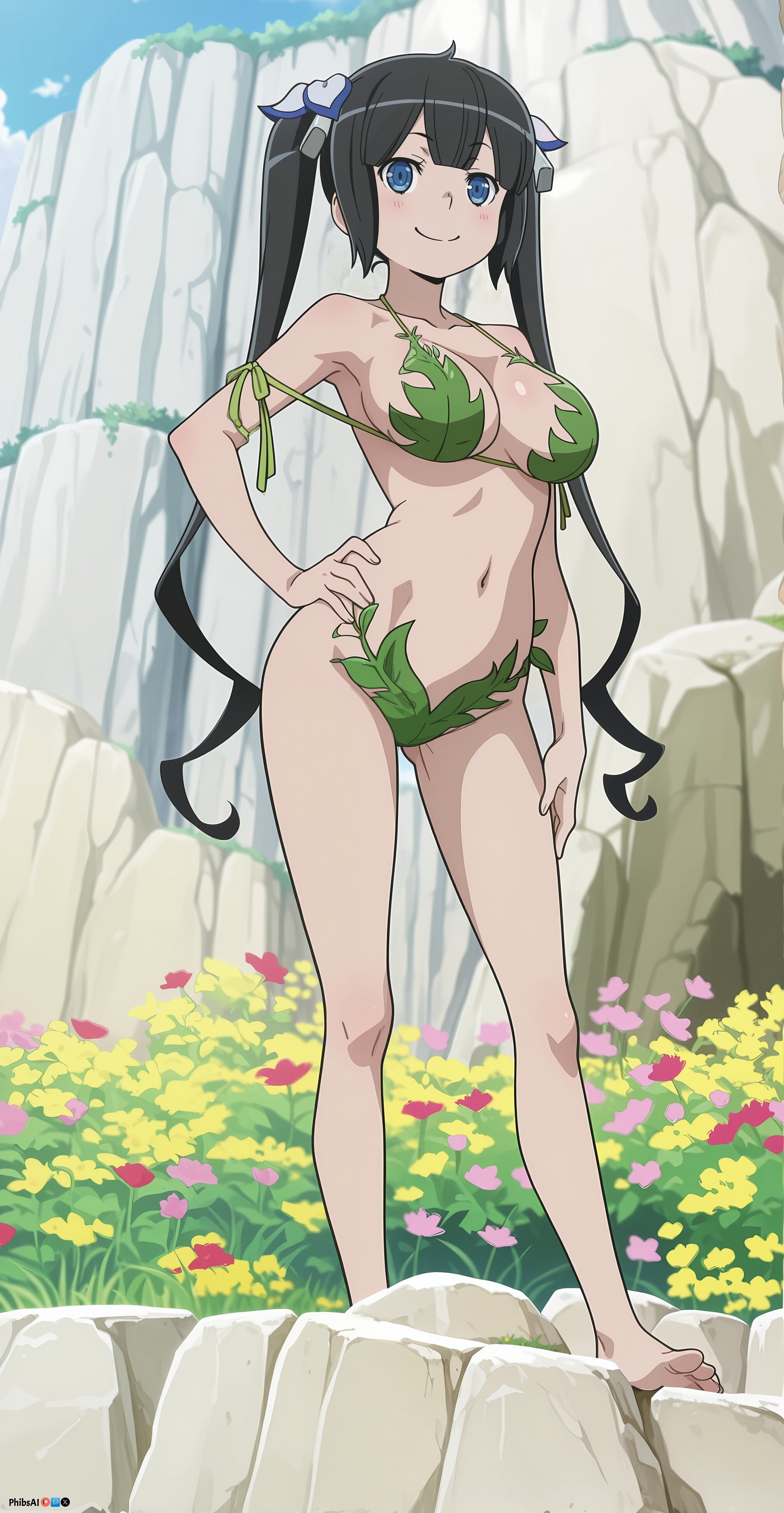 ai generated, bangs, barefoot, bikini, black hair, blue eyes, blue ribbon, blush, breasts, cleavage, closed mouth, collarbone, day, dungeon ni deai wo motomeru no wa machigatteiru darou ka, eyebrows visible through hair, female, flower, full body, green bikini, hair ornament, hair ribbon, hestia (danmachi), large breasts, long hair, looking at viewer, navel, outdoors, phibsai, ribbon, rock, smile, solo, standing, swimsuit, twintails, very long hair, vines, water