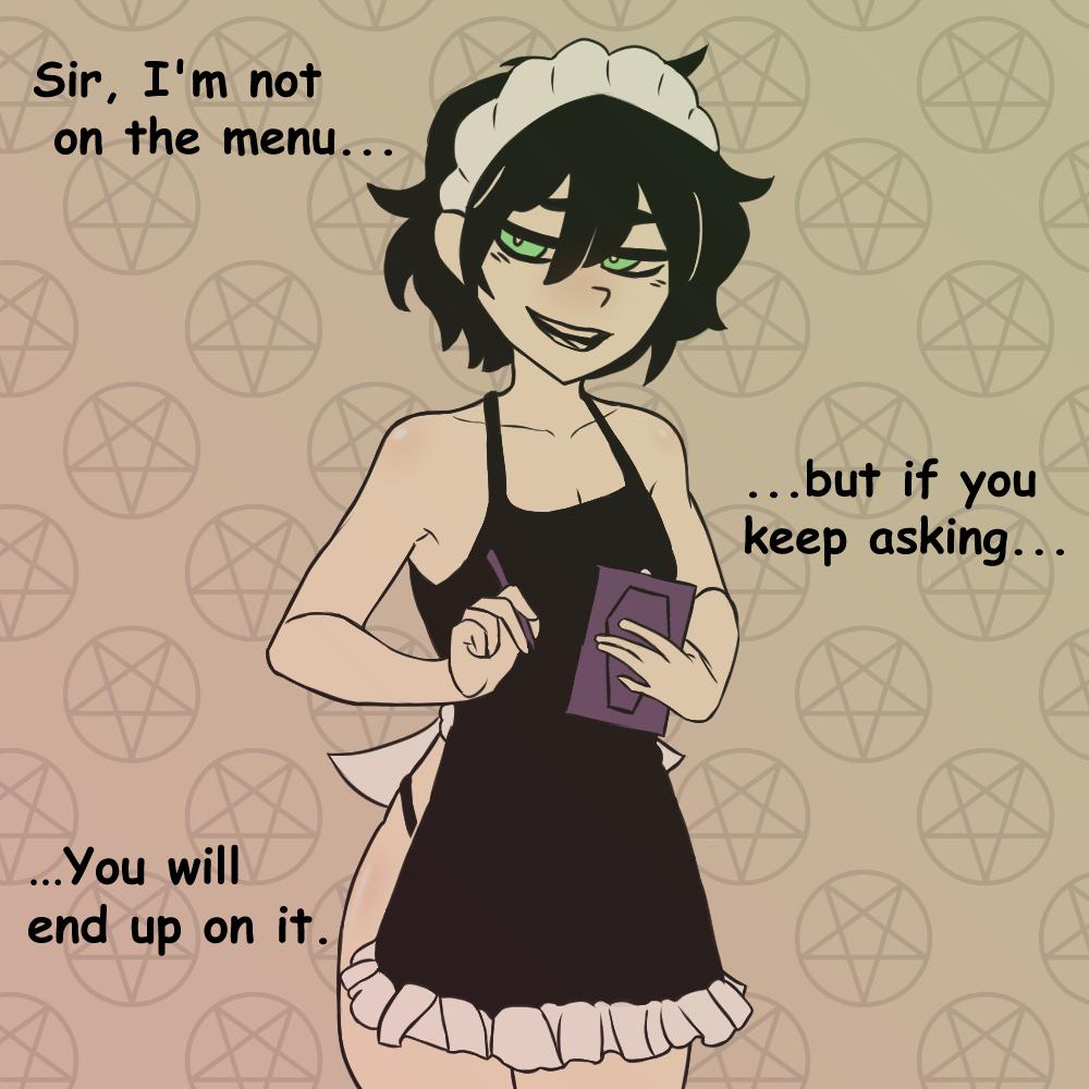 1boy 1femboy andrew_graves femboy green_eyes maid maid_headdress menu staff the_coffin_of_andy_and_leyley